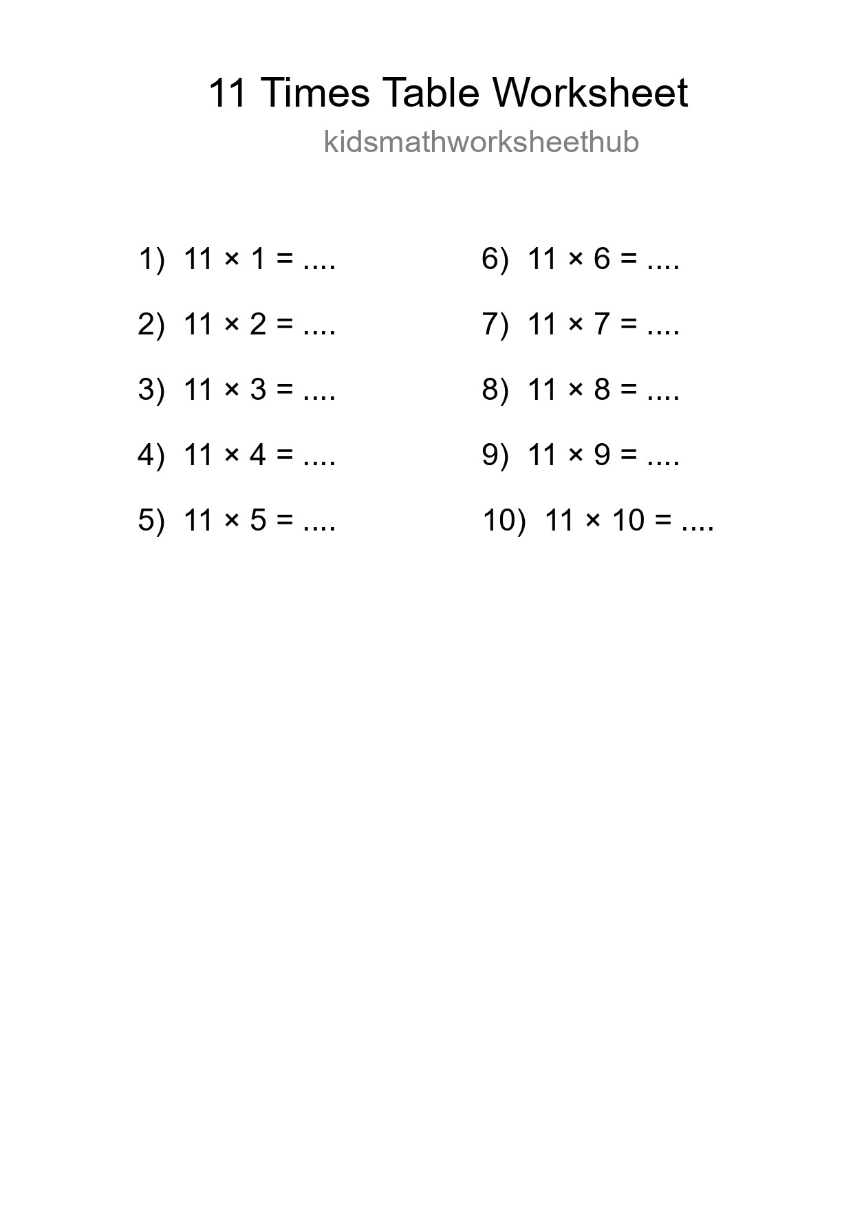 11 Times Table Worksheet For Grade 4 - Part 196