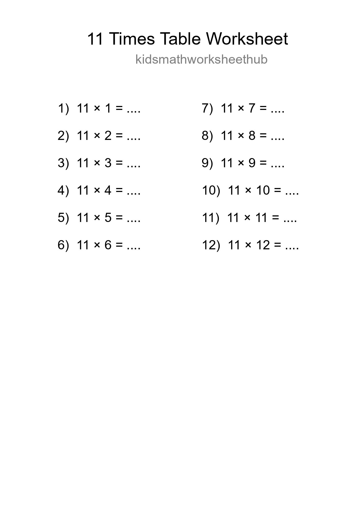 11 Times Table Worksheet For Grade 4 With Answers - Part 9