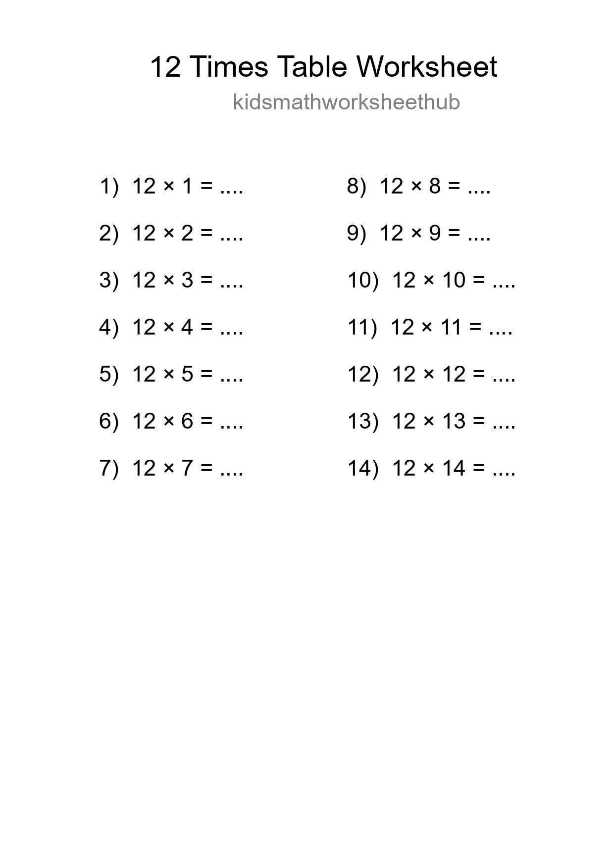 12 Times Table Worksheet For Grade 4 - Part 273