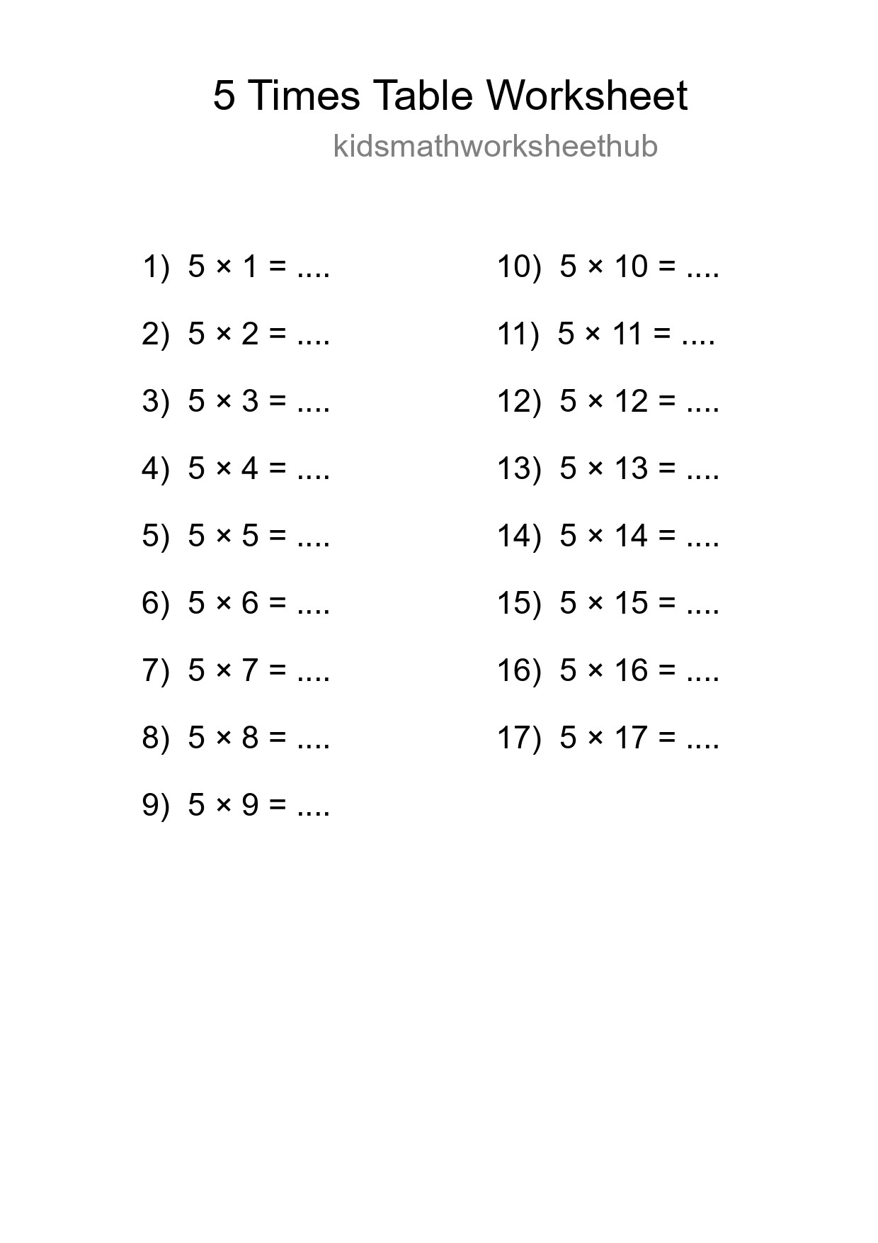 5 Times Table Worksheet For Grade 2 - Part 119