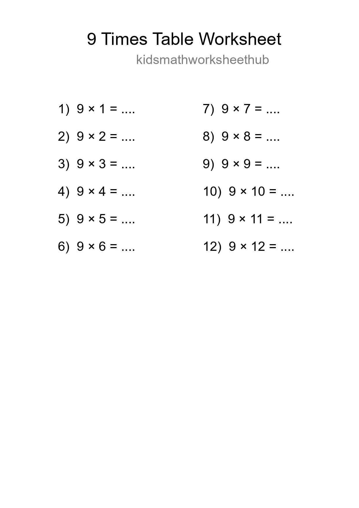 9 Times Table Worksheet For Grade 3 With Answers - Part 97