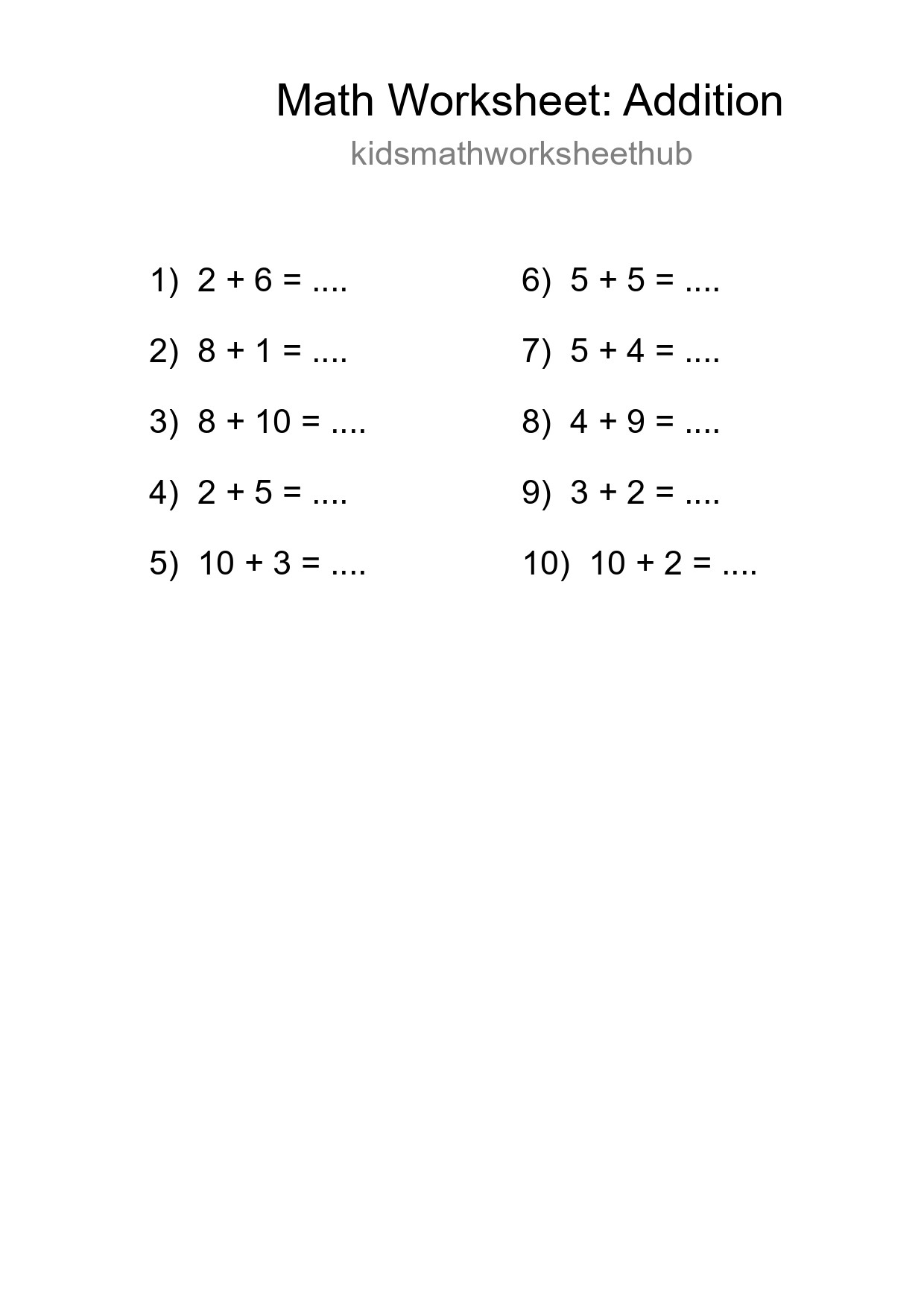 Free 10 Addition Math Worksheet For Grade 1 - Part 56