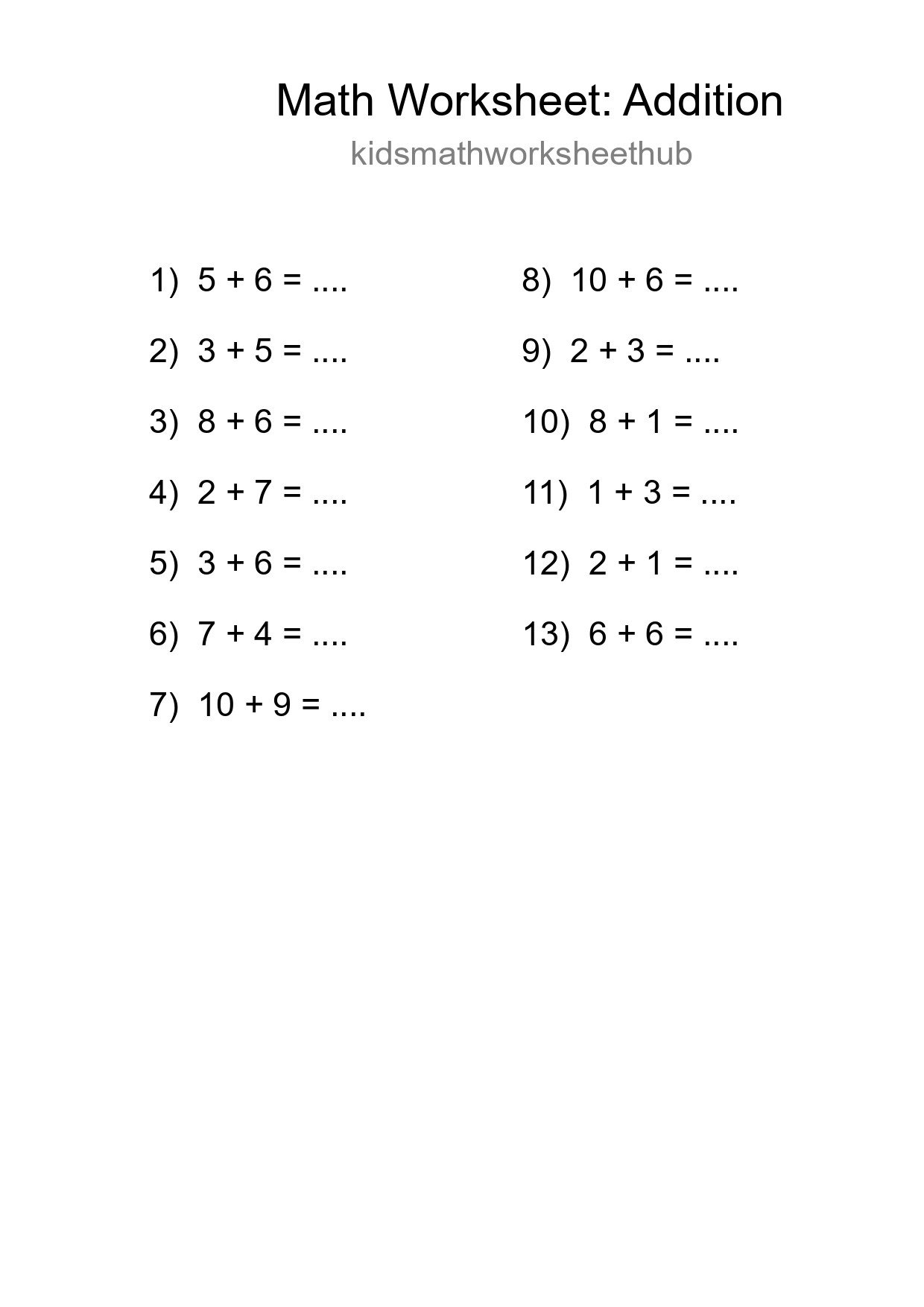 Free 13 Addition Math Worksheet For Grade 1 - Part 155