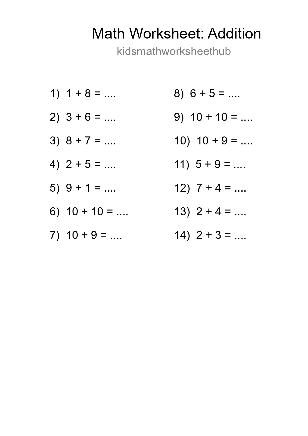 Free 14 Addition Math Worksheet For Grade 1 - Part 78