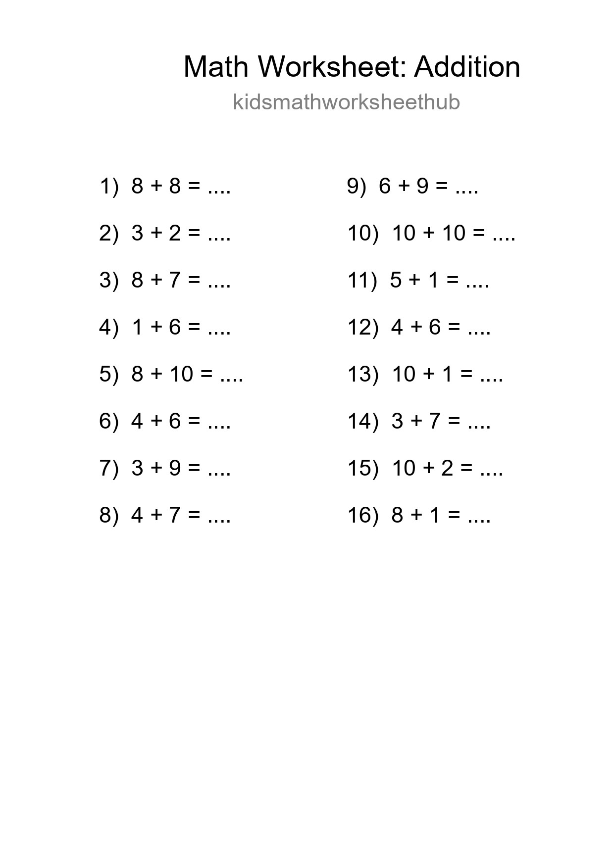 Free 16 Addition Math Worksheet For Grade 1 With Answers - Part 188
