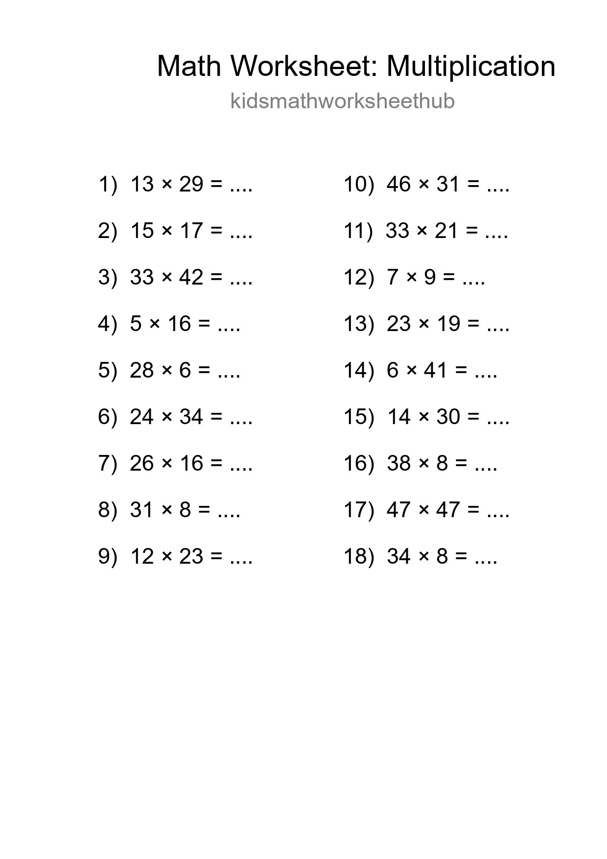 Free 18 Multiplication Math Worksheet For Grade 2 With Answers - Part 18