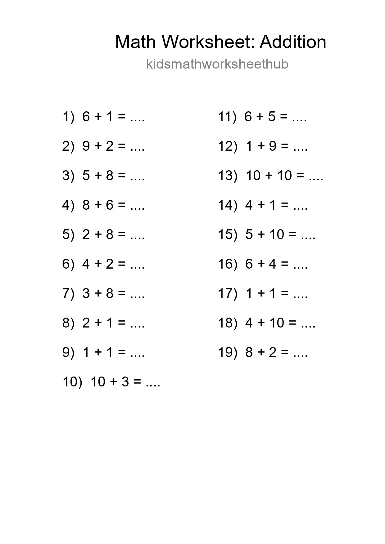 Free 19 Addition Math Worksheet For Grade 1 - Part 177