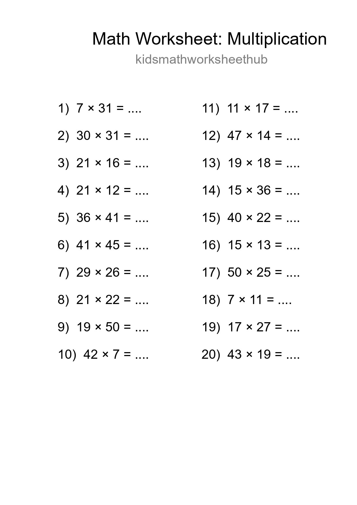 Free 20 Multiplication Math Worksheet For Grade 2 With Answers - Part 161