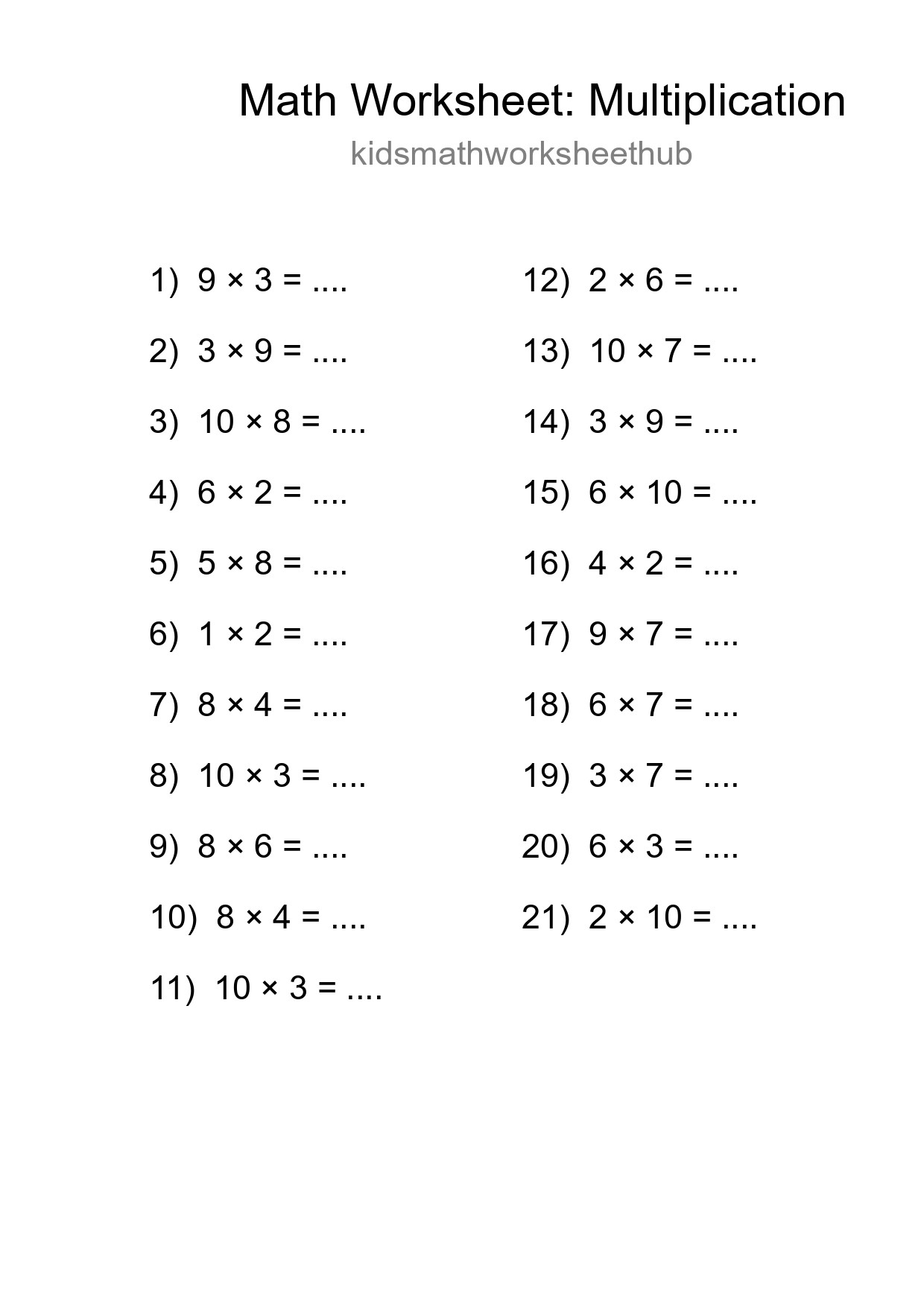 Free 21 Multiplication Math Worksheet For Grade 1 With Answers - Part 7