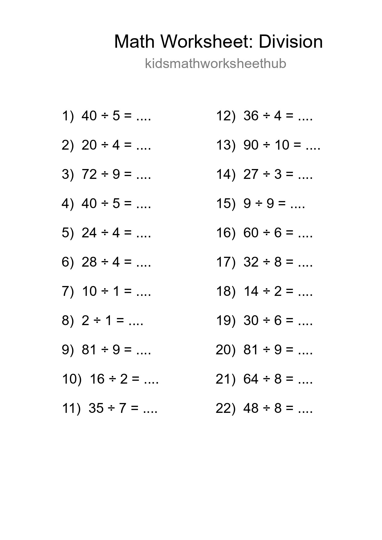 Free 22 Division Math Worksheet For Grade 1 With Answers - Part 81
