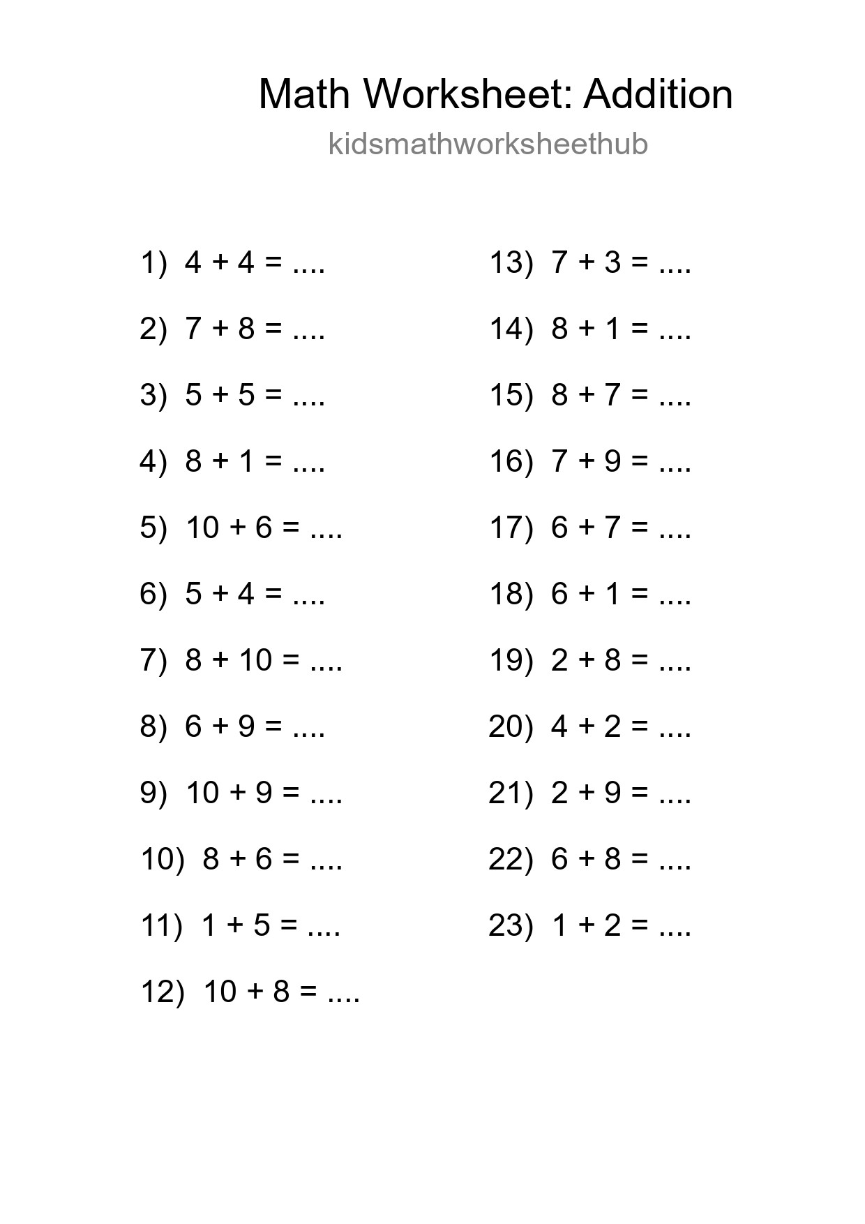 Free 23 Addition Math Worksheet For Grade 1 With Answers - Part 254