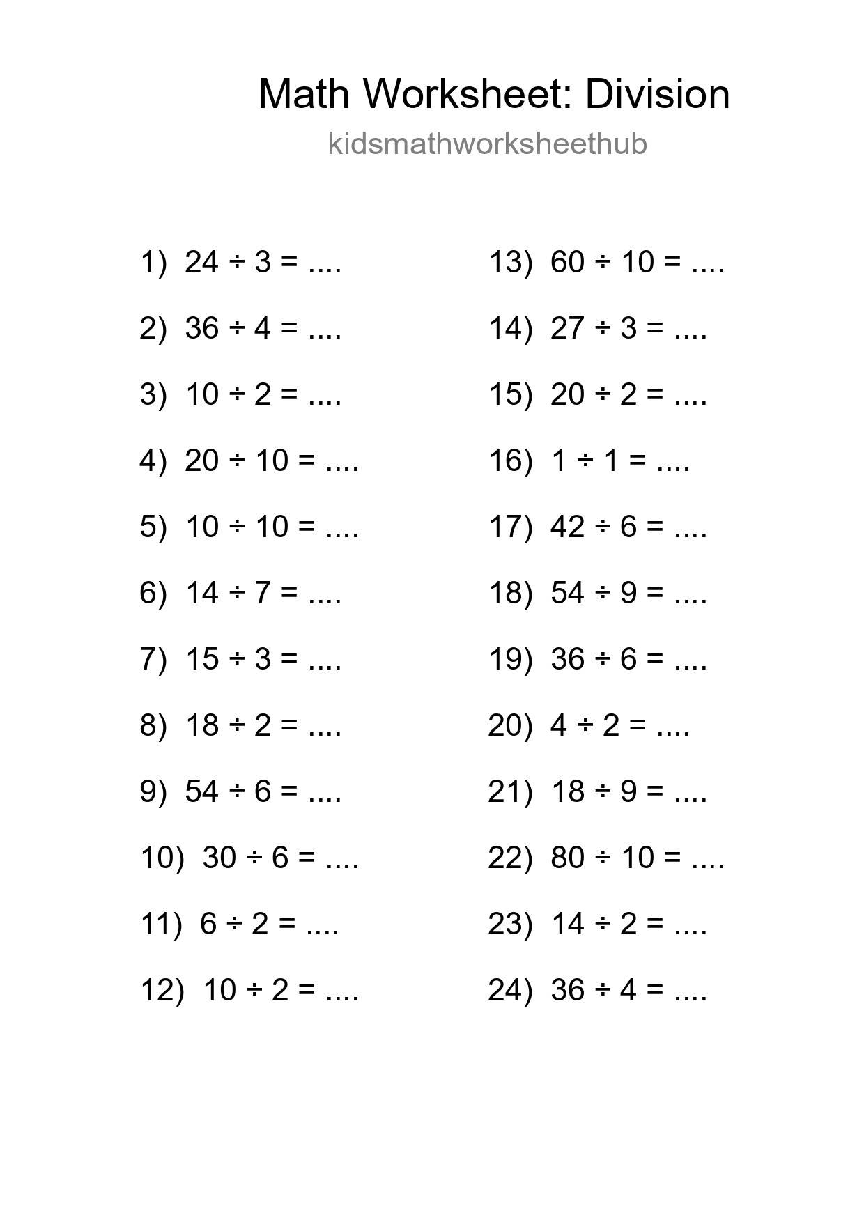 Free 24 Division Math Worksheet For Grade 1 With Answers - Part 169