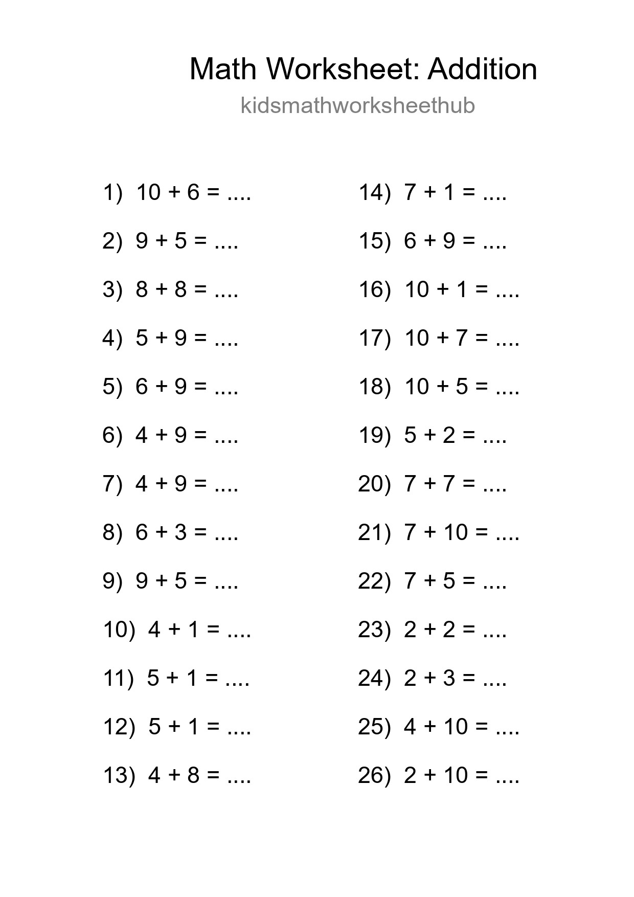 Free 26 Addition Math Worksheet For Grade 1 With Answers - Part 298