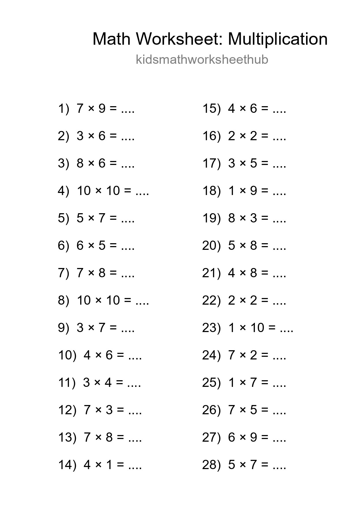Free 28 Multiplication Math Worksheet For Grade 1 - Part 216