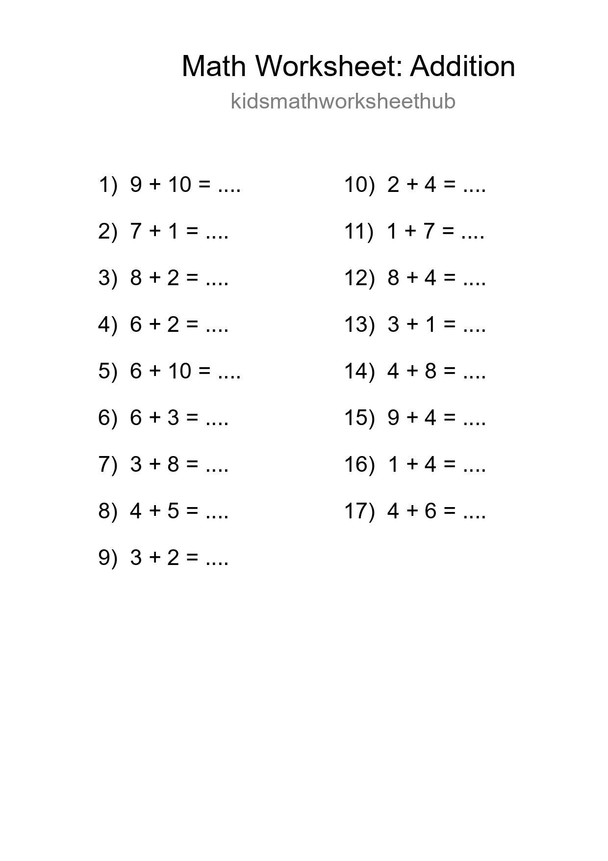Grade 1 Addition Practice Worksheet (17 Problems) - Part 34