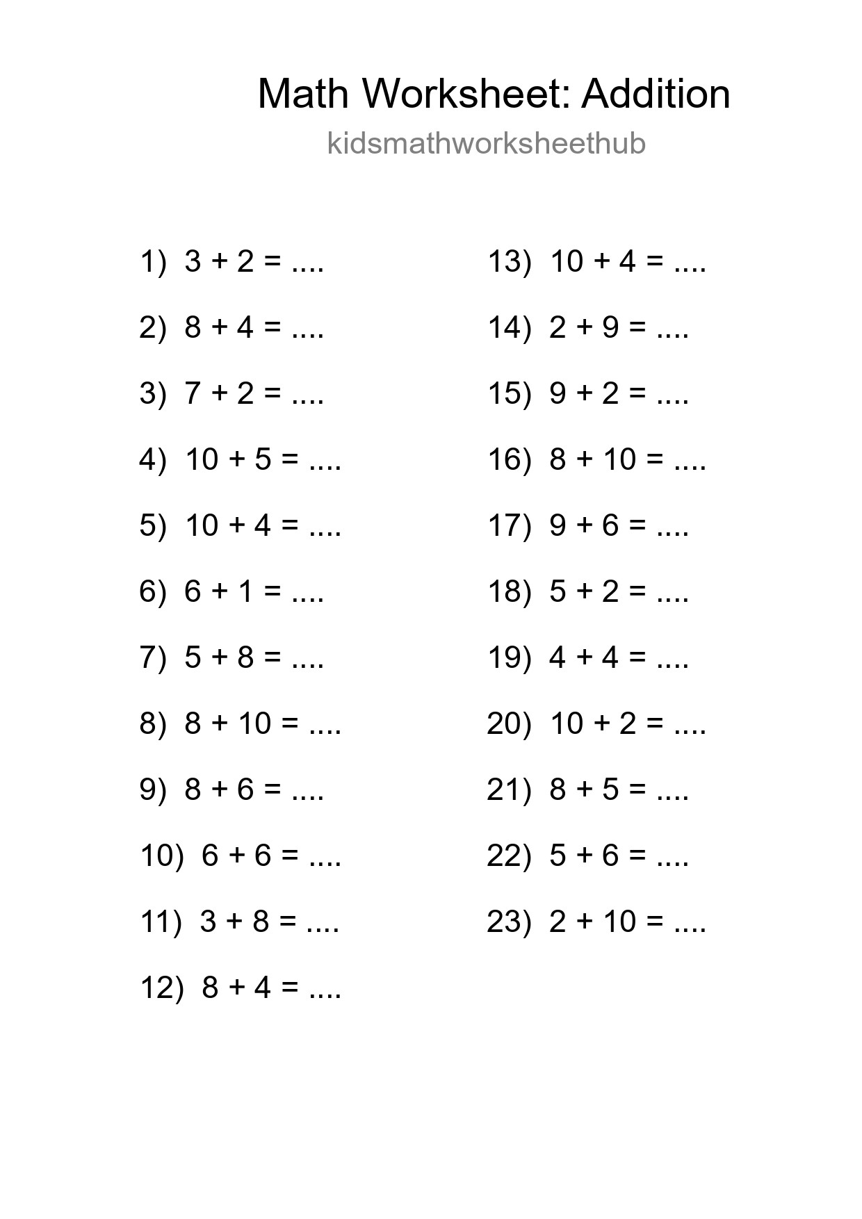 Grade 1 Addition Practice Worksheet (23 Problems) - Part 265