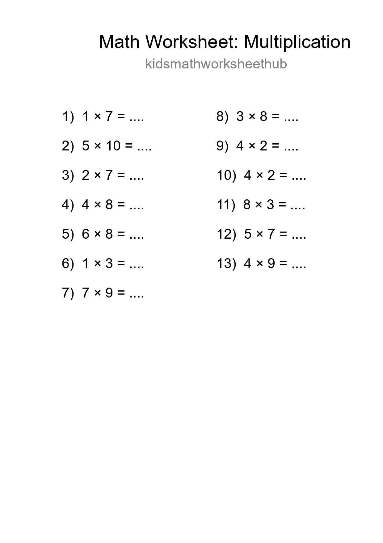 Grade 1 Multiplication Practice Worksheet (13 Problems) - Part 62