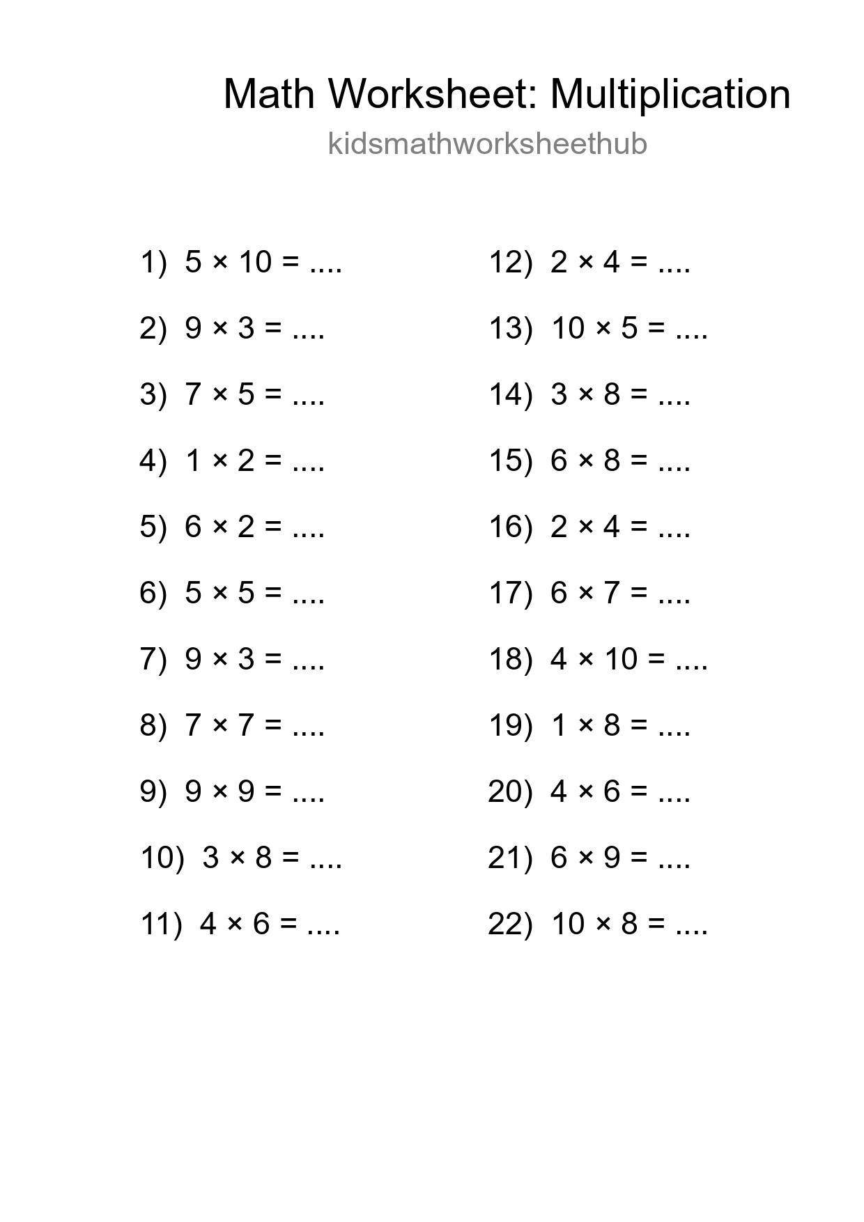 Grade 1 Multiplication Practice Worksheet (22 Problems) - Part 260