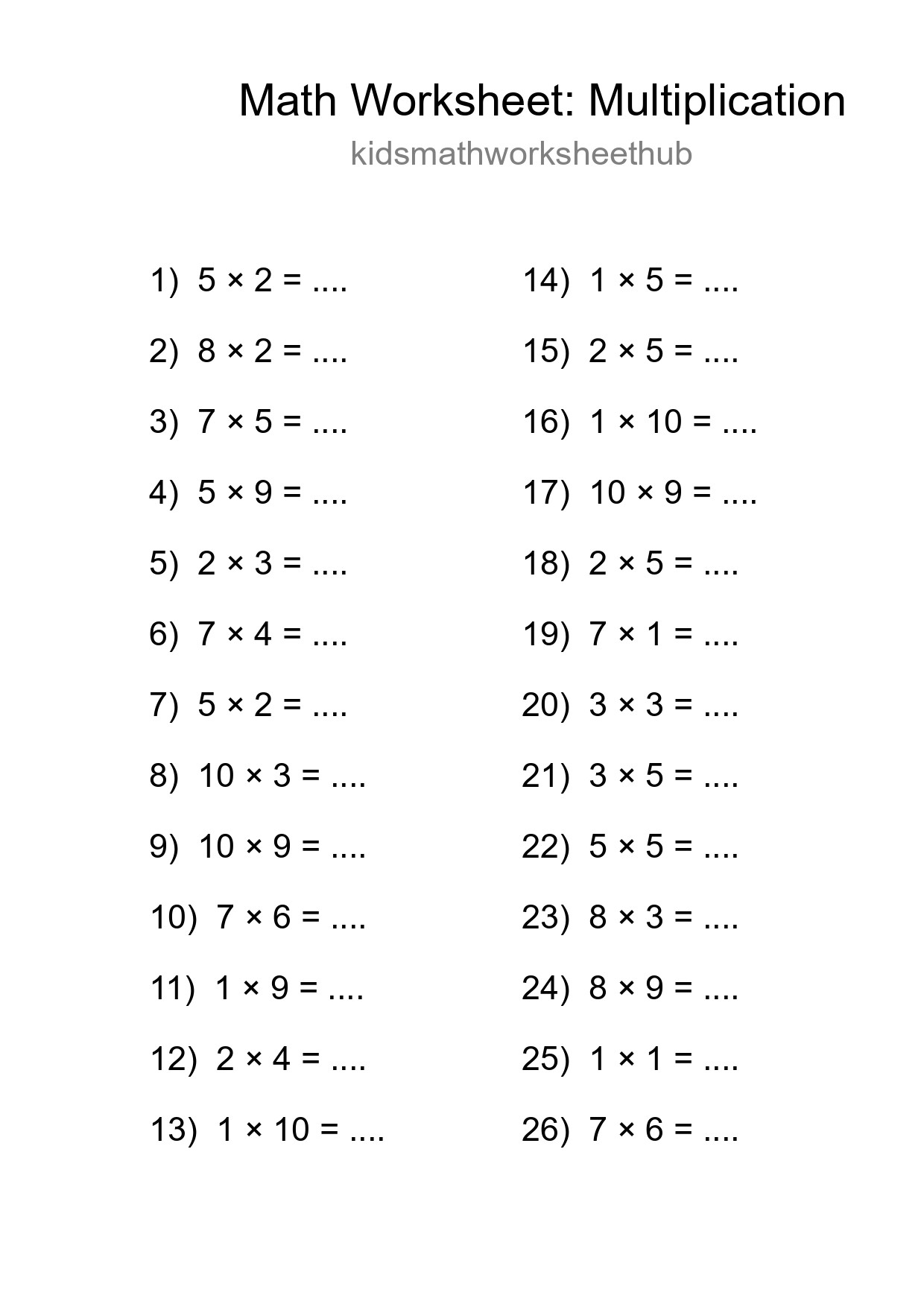 Grade 1 Multiplication Practice Worksheet (26 Problems) - Part 249