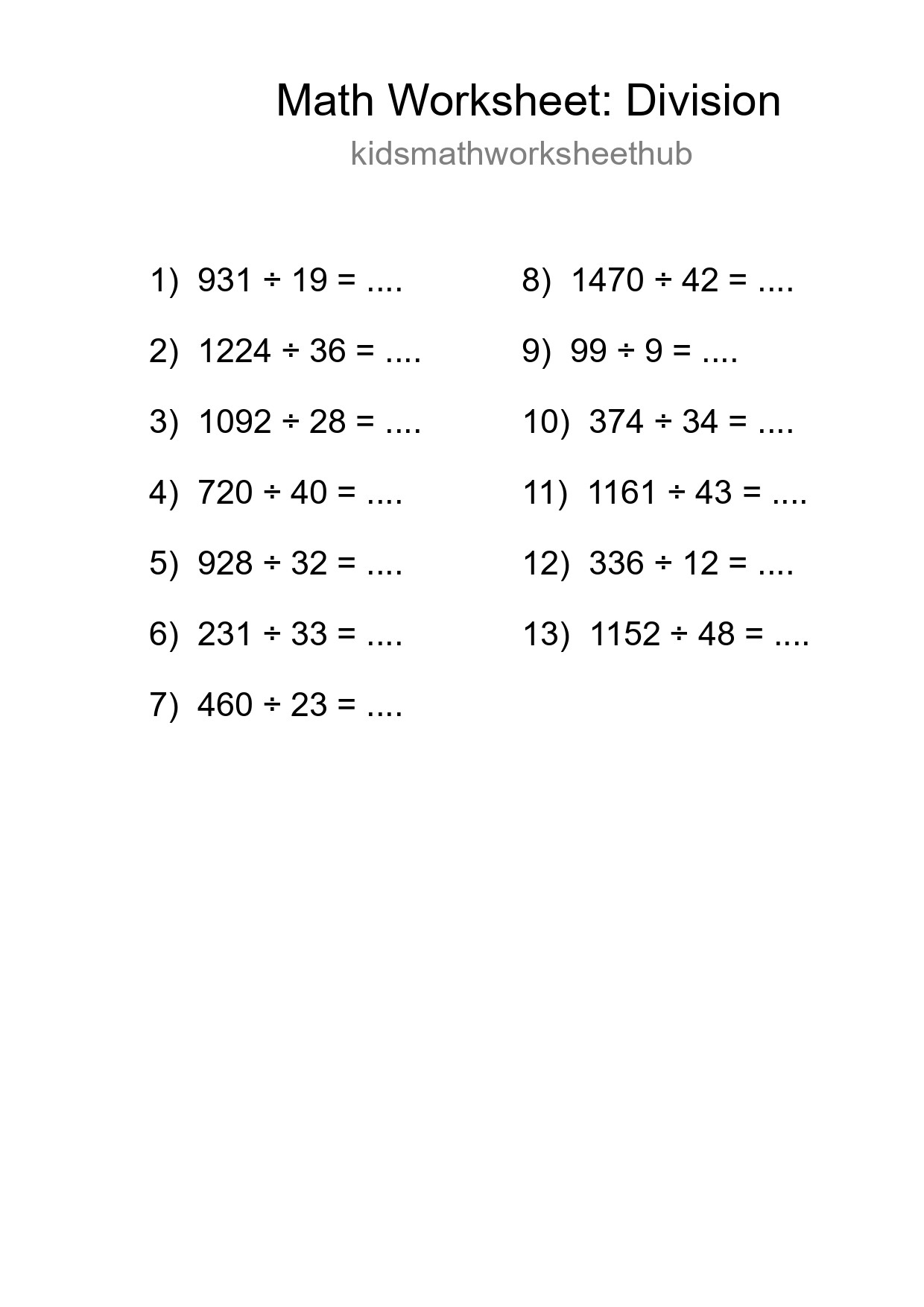 Grade 2 Division Practice Worksheet (13 Problems) - Part 70