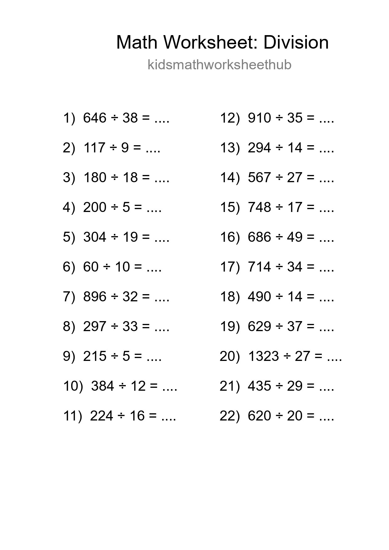 Grade 2 Division Practice Worksheet (22 Problems) - Part 125