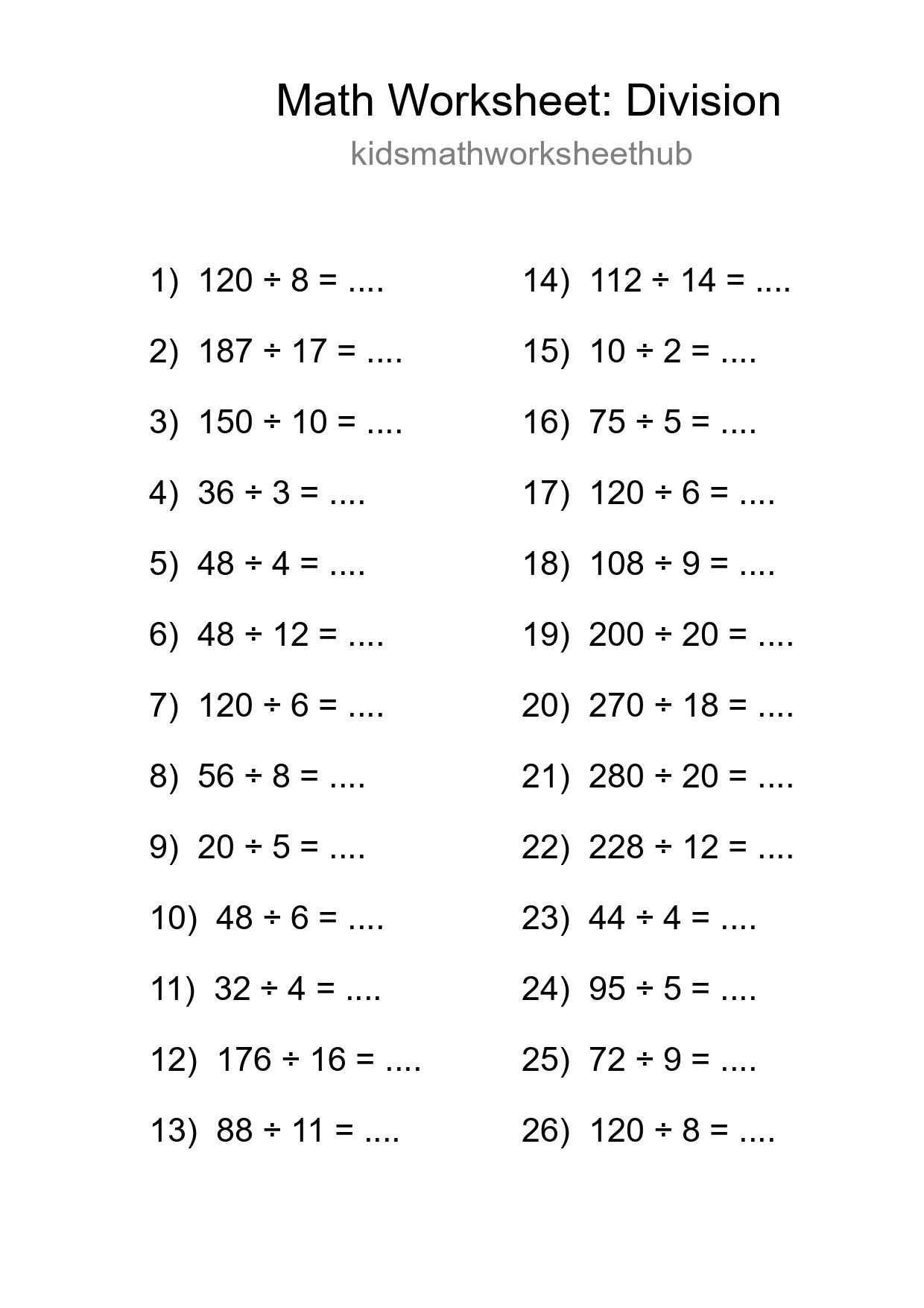 Grade 2 Division Practice Worksheet (26 Problems) - Part 224