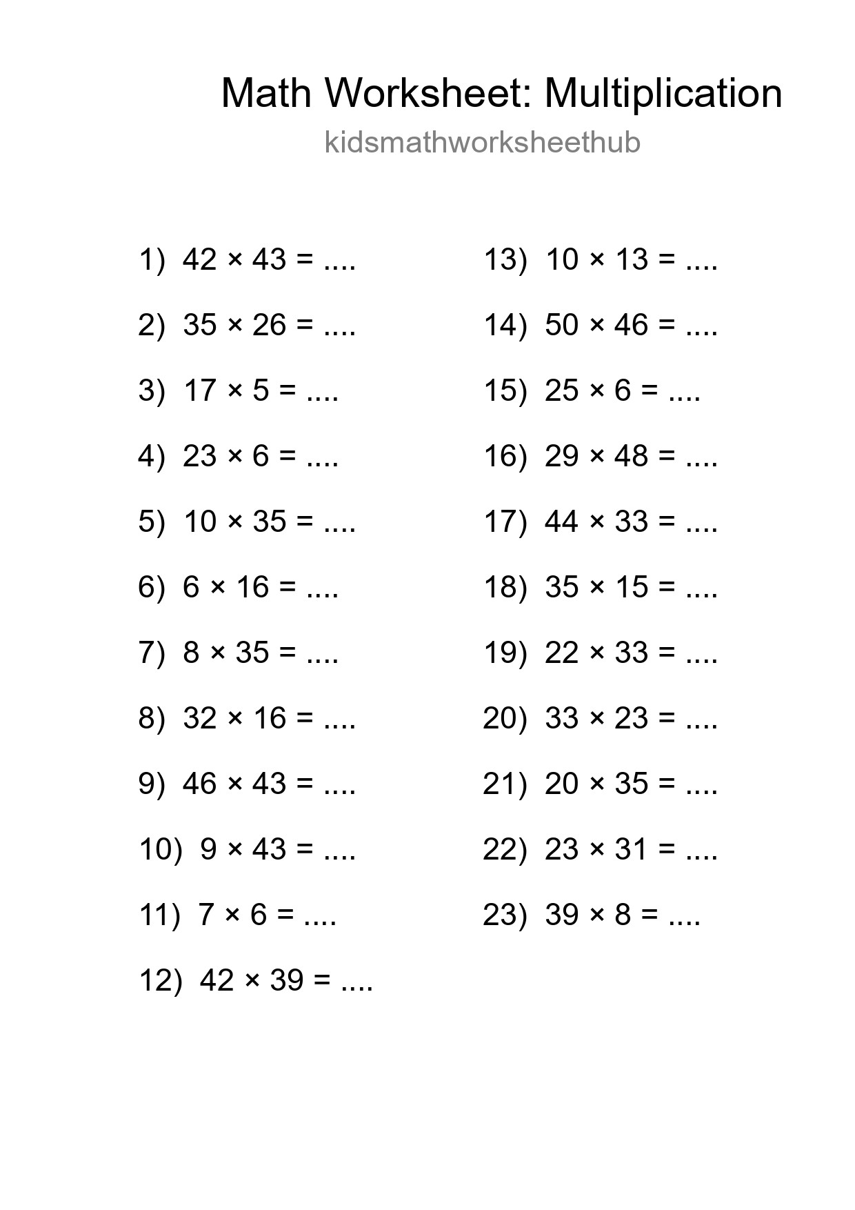 Grade 2 Multiplication Practice Worksheet (23 Problems) - Part 293