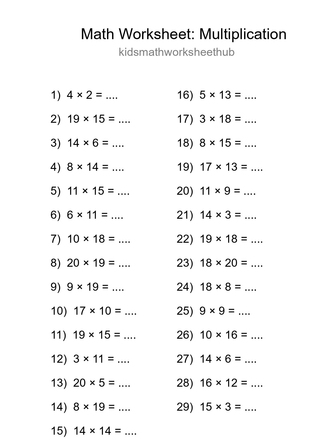 Grade 2 Multiplication Practice Worksheet (29 Problems) - Part 271