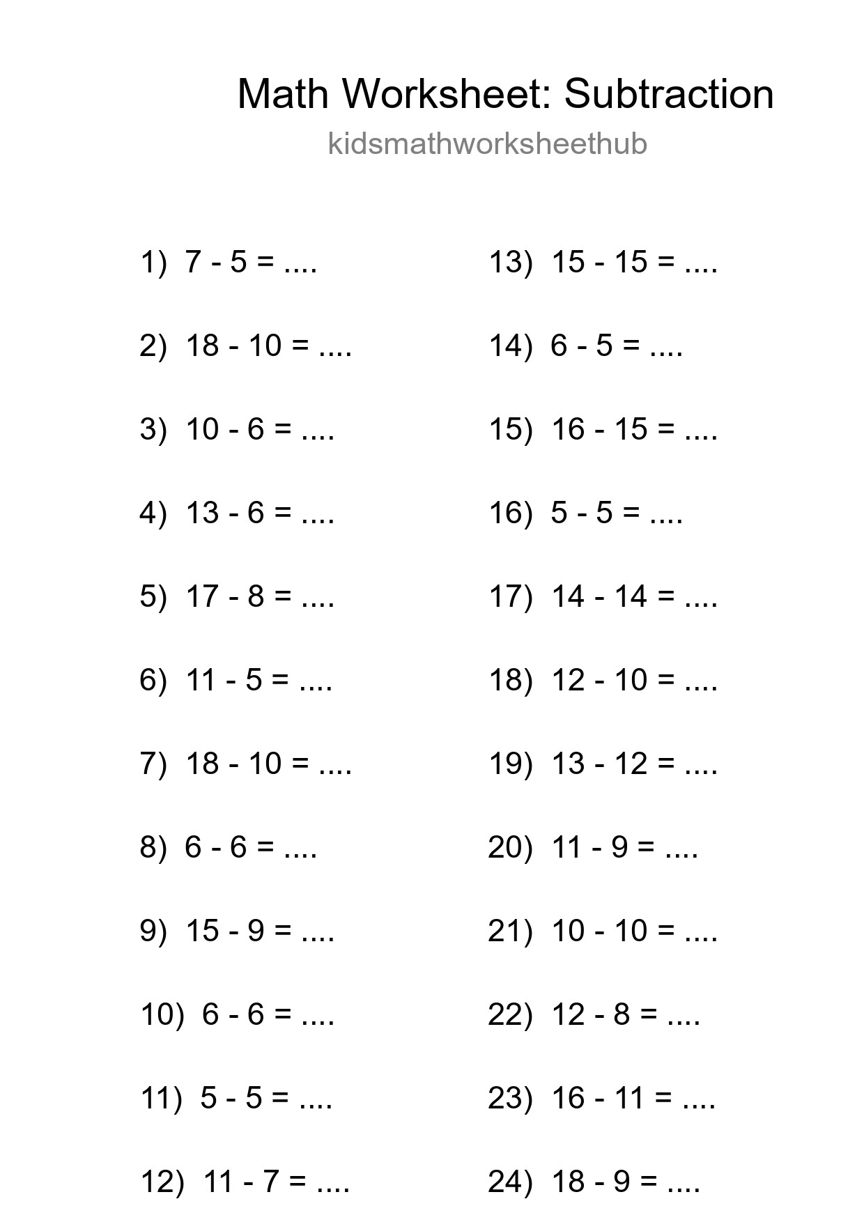Grade 2 Subtraction Practice Worksheet (24 Problems) - Part 129