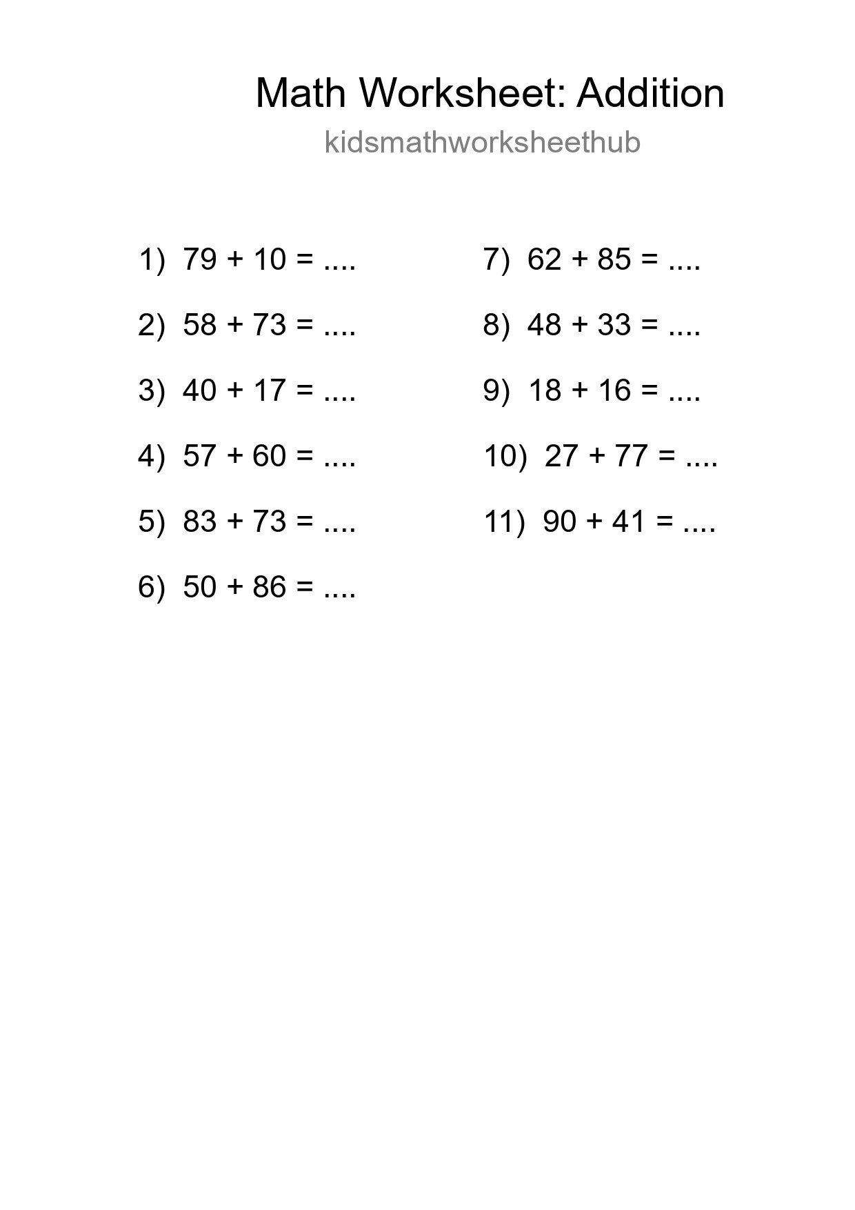 Grade 3 Addition Practice Worksheet (11 Problems) - Part 210
