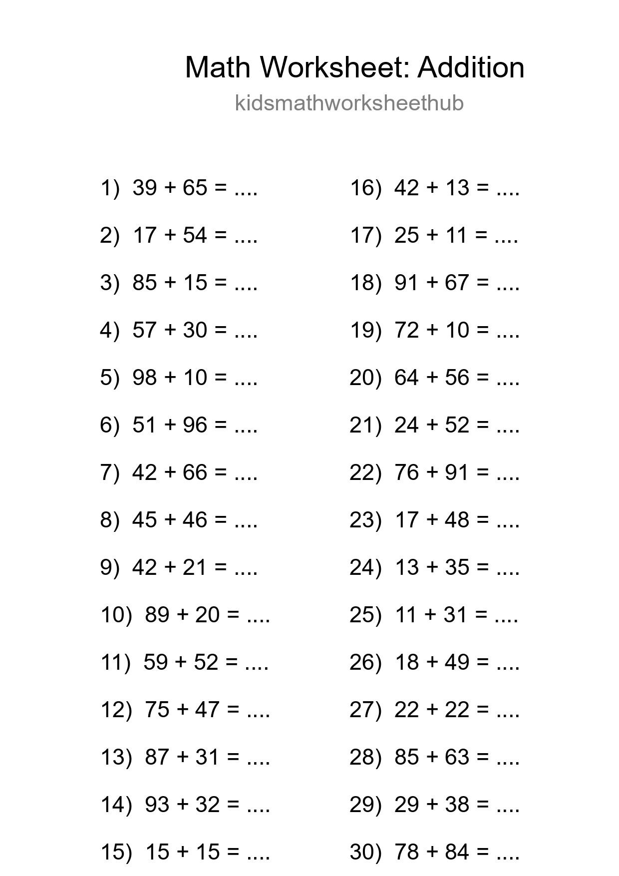 Grade 3 Addition Practice Worksheet (30 Problems) - Part 199