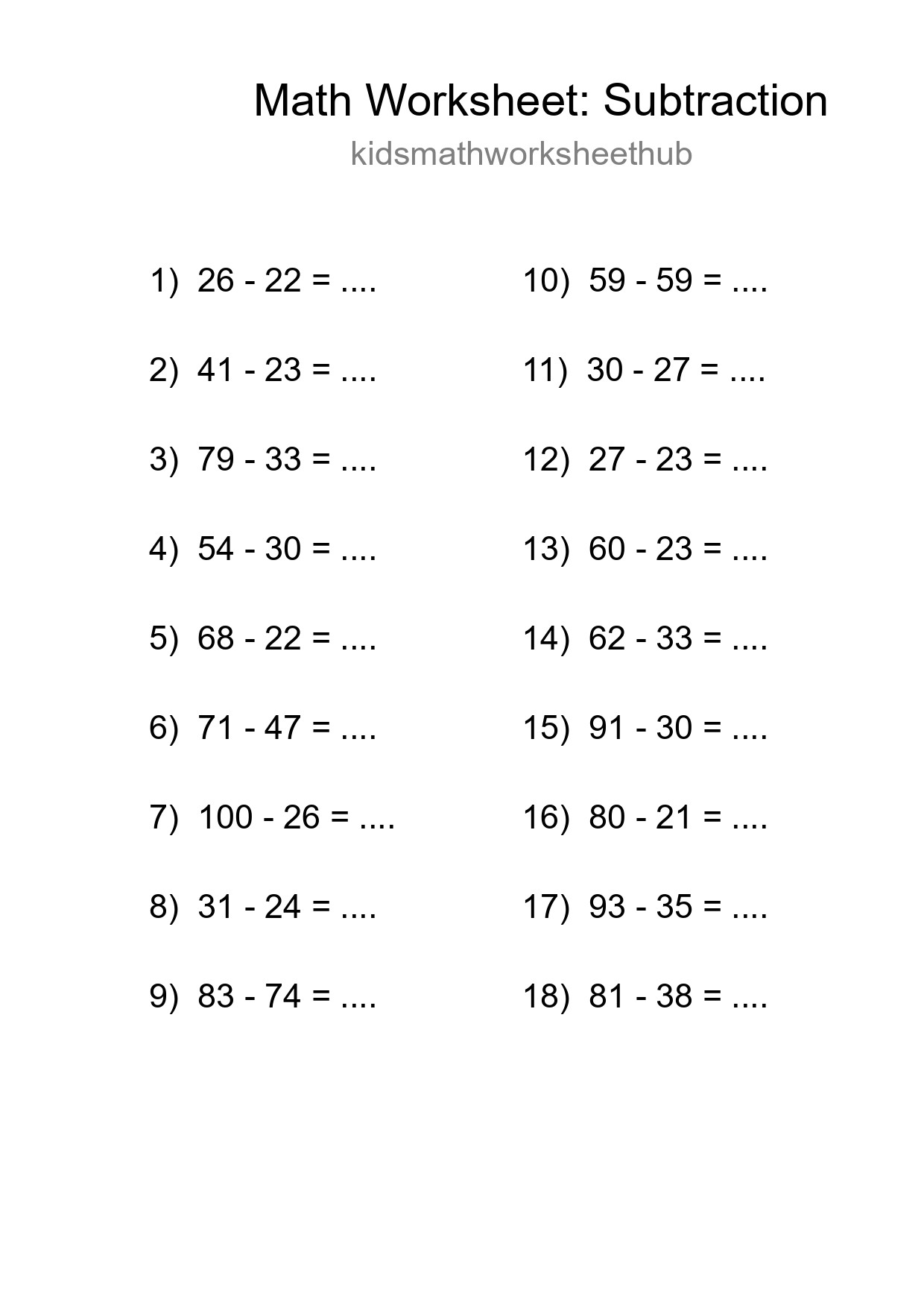 Grade 3 Subtraction Practice Worksheet (18 Problems) - Part 239