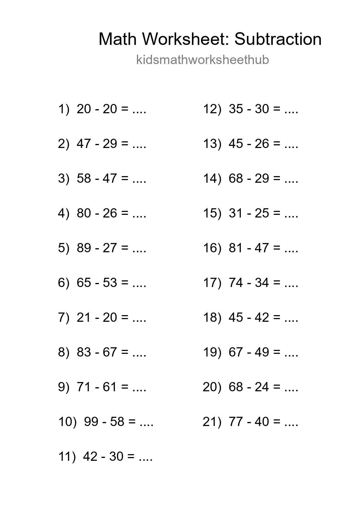 Grade 3 Subtraction Practice Worksheet (21 Problems) - Part 250