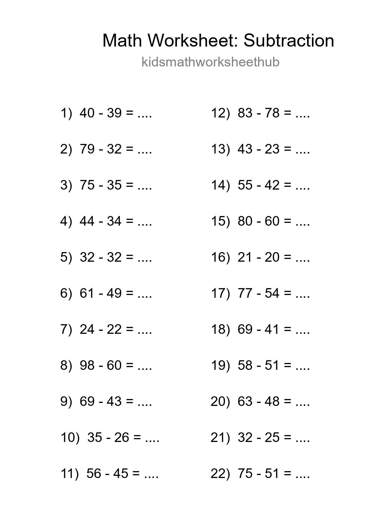 Grade 3 Subtraction Practice Worksheet (22 Problems) - Part 140