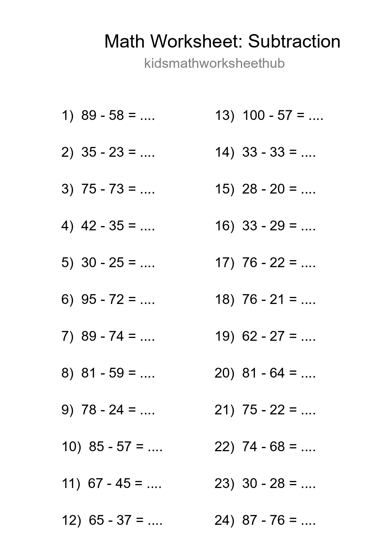 Grade 3 Subtraction Practice Worksheet (24 Problems) - Part 206