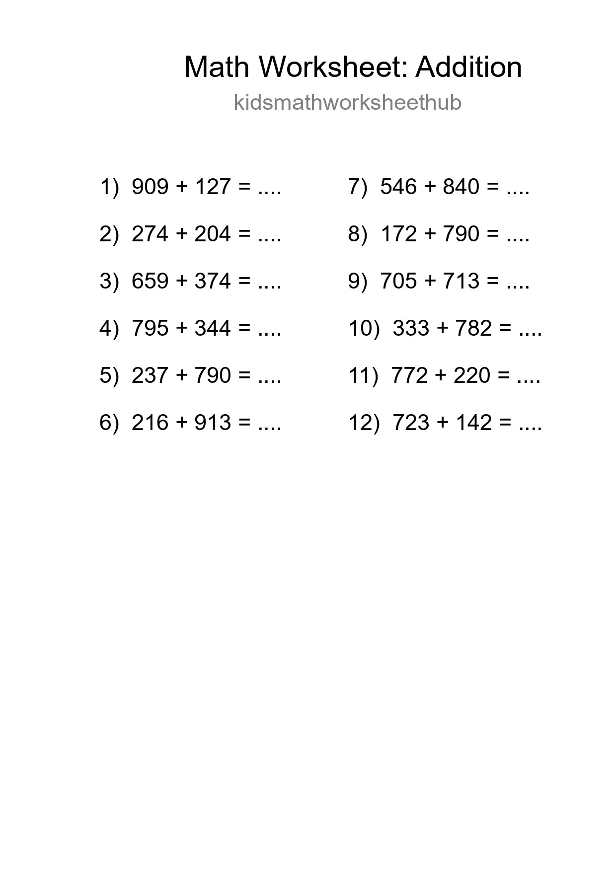 Grade 5 Addition Practice Worksheet (12 Problems) - Part 221