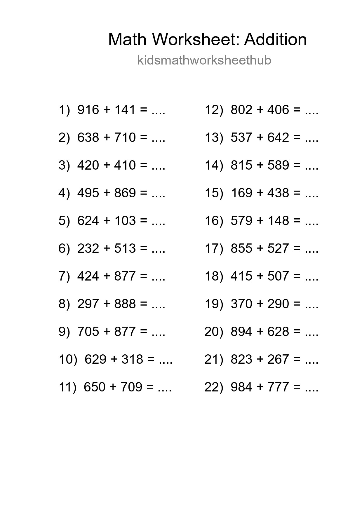 Grade 5 Addition Practice Worksheet (22 Problems) - Part 287