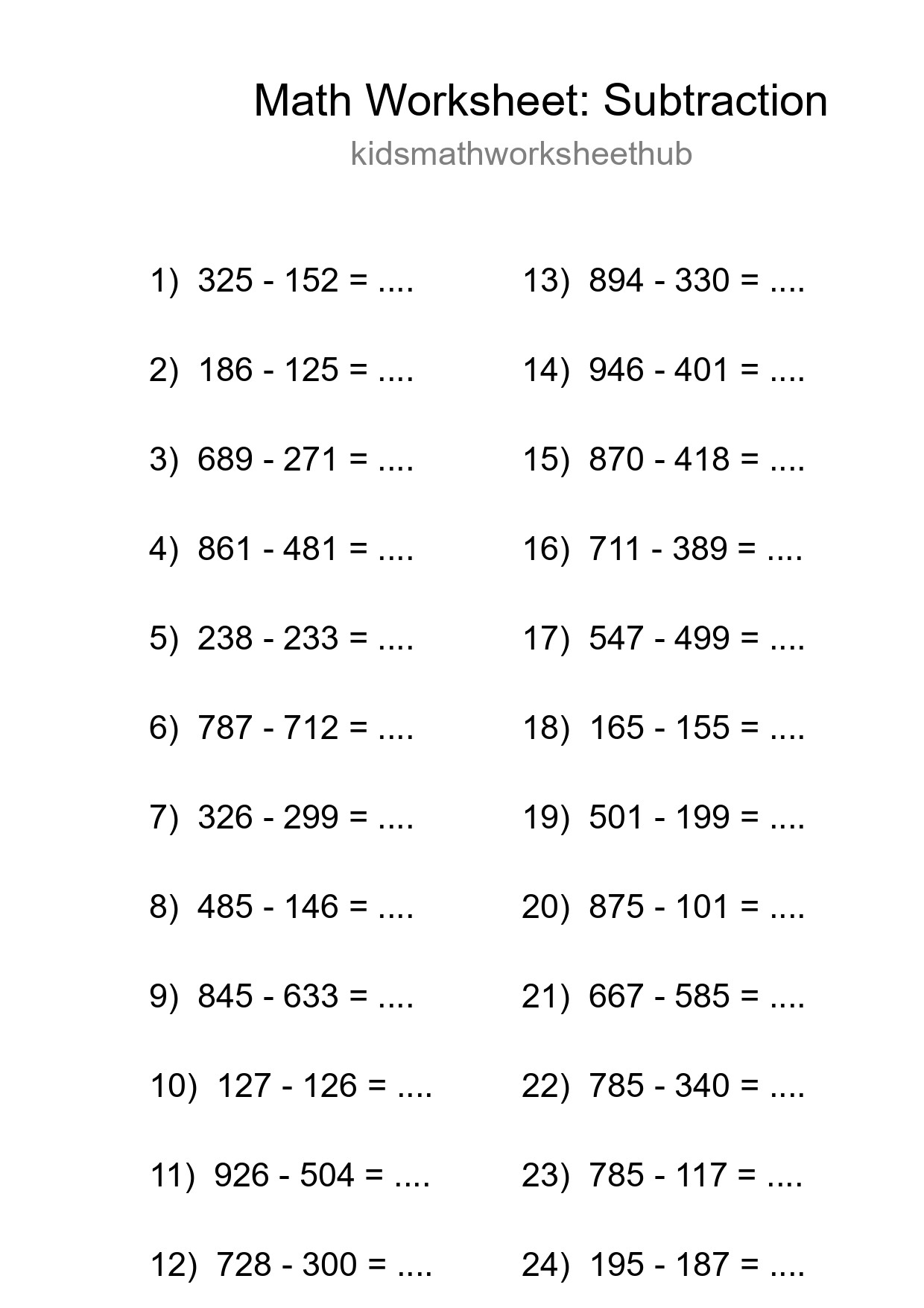 Grade 5 Subtraction Practice Worksheet (24 Problems) - Part 118