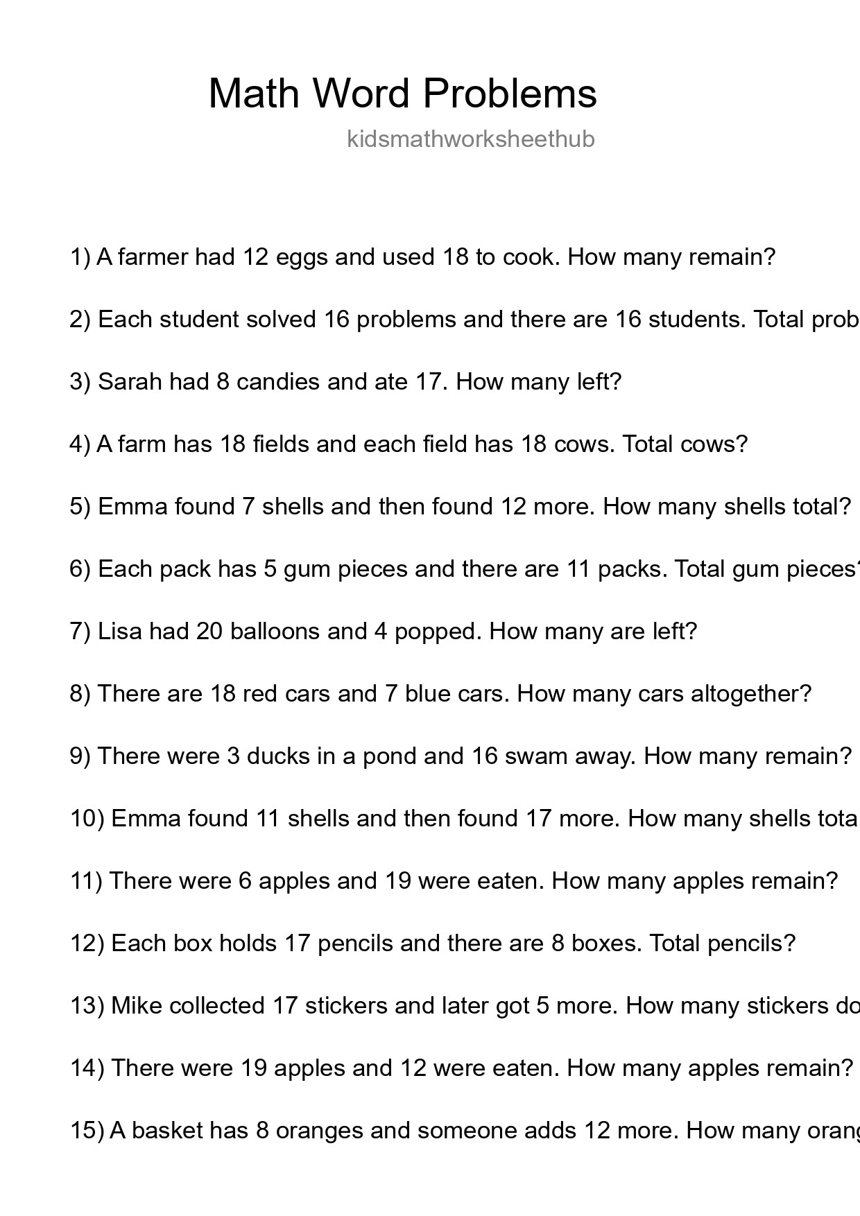 Math Word Problem Worksheet