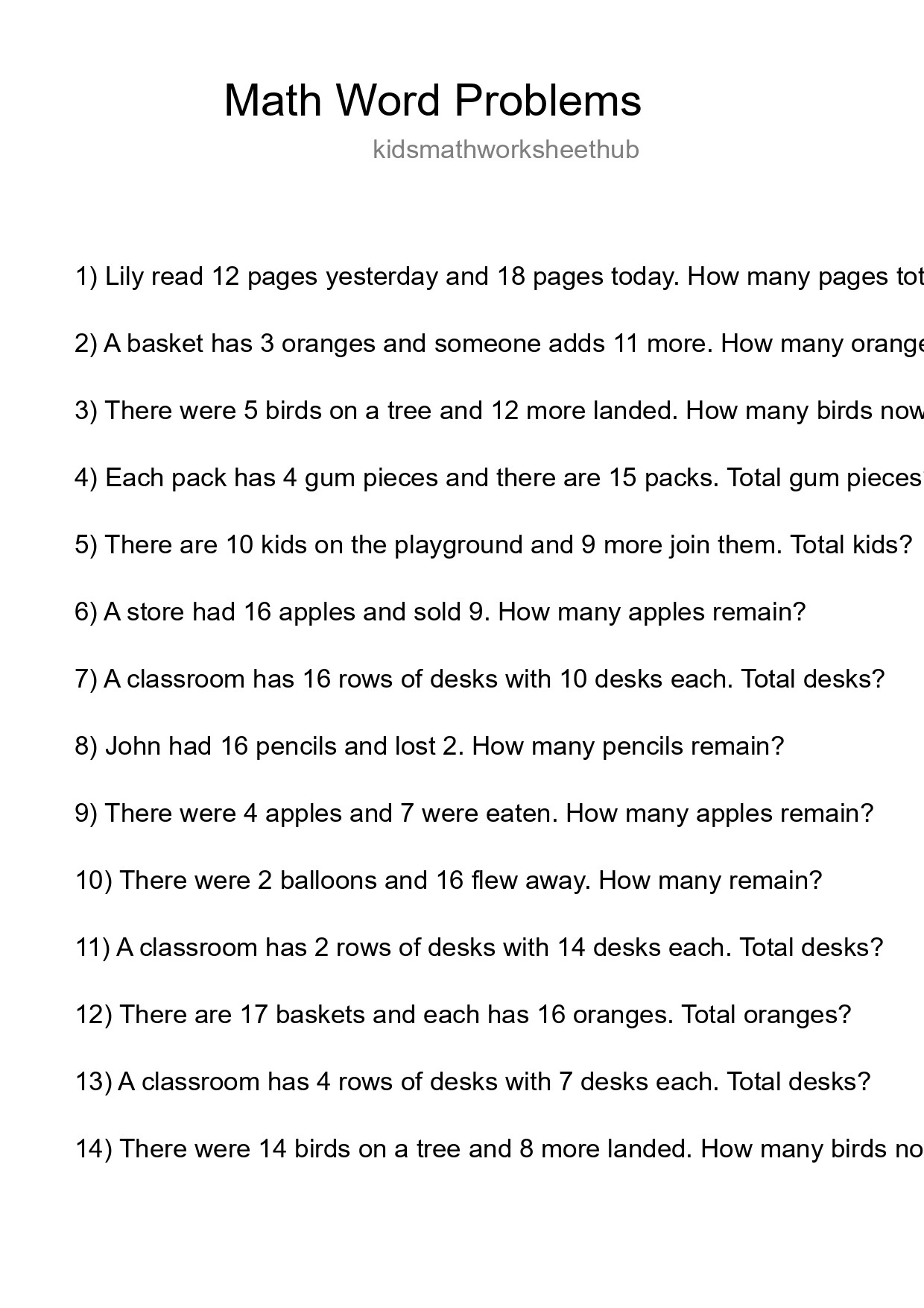 Math Word Problem Worksheet