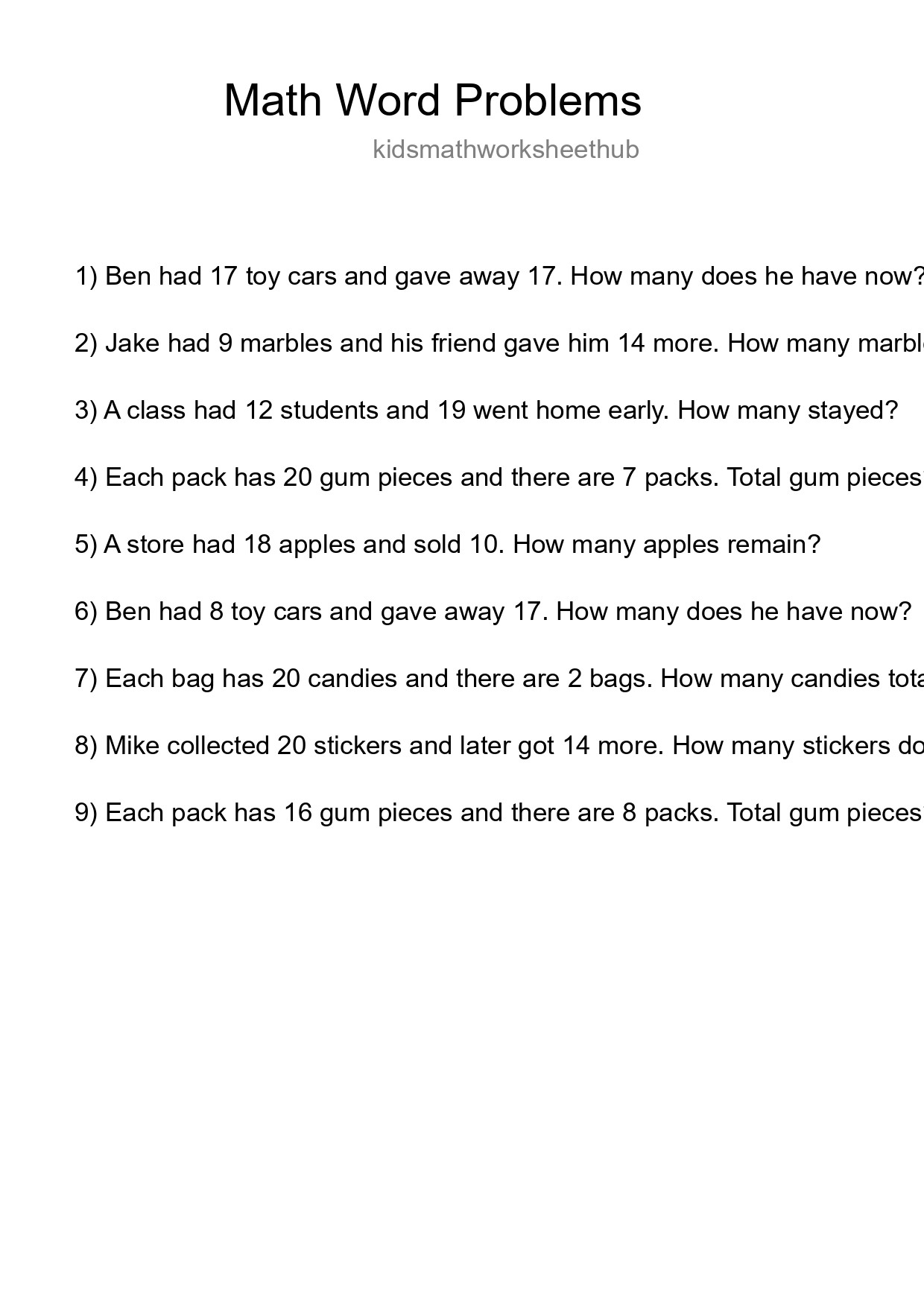 Math Word Problem Worksheet