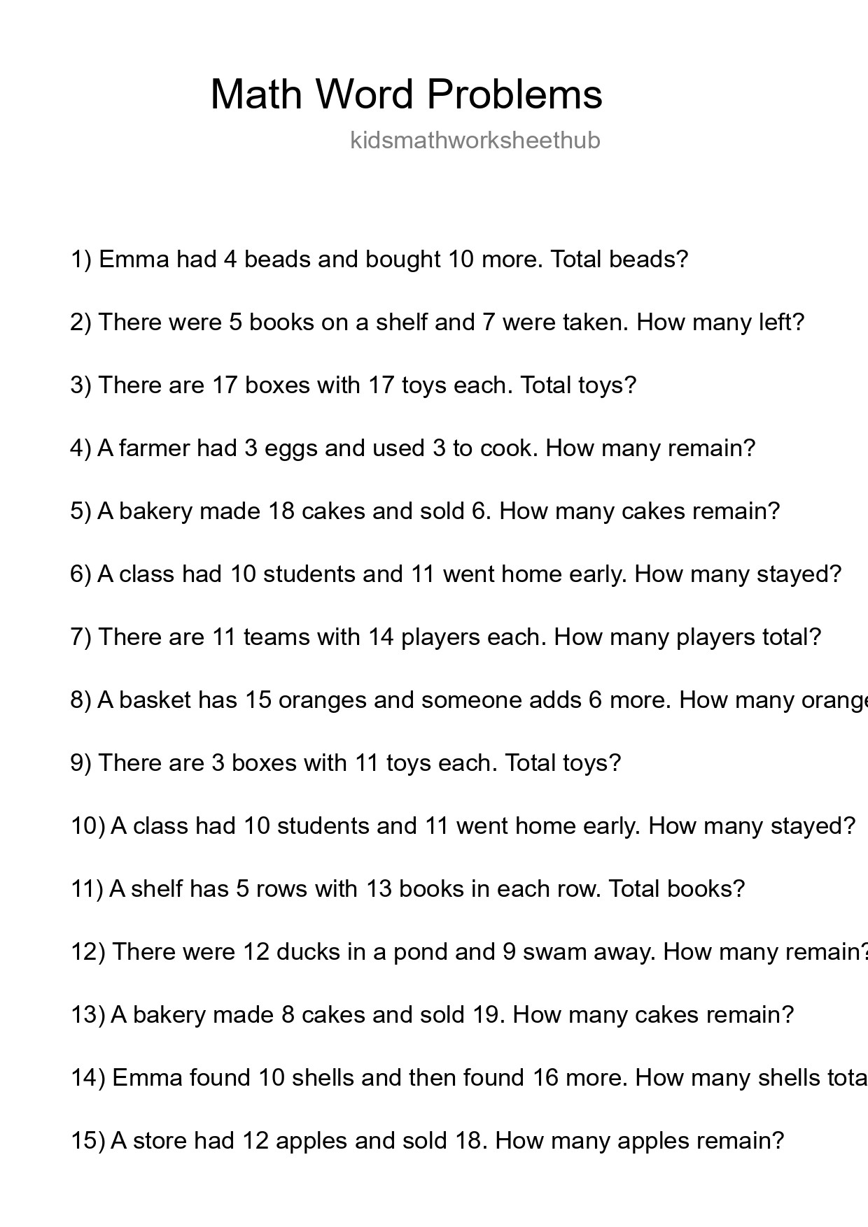 Math Word Problem Worksheet