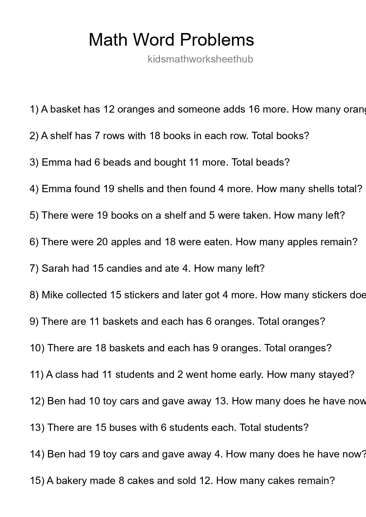 Math Word Problem Worksheet