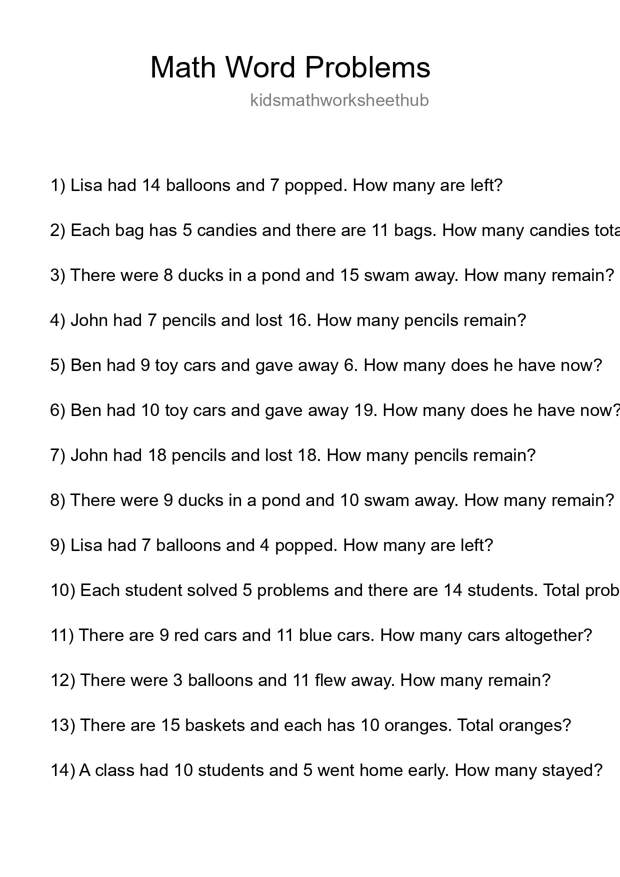 Math Word Problem Worksheet