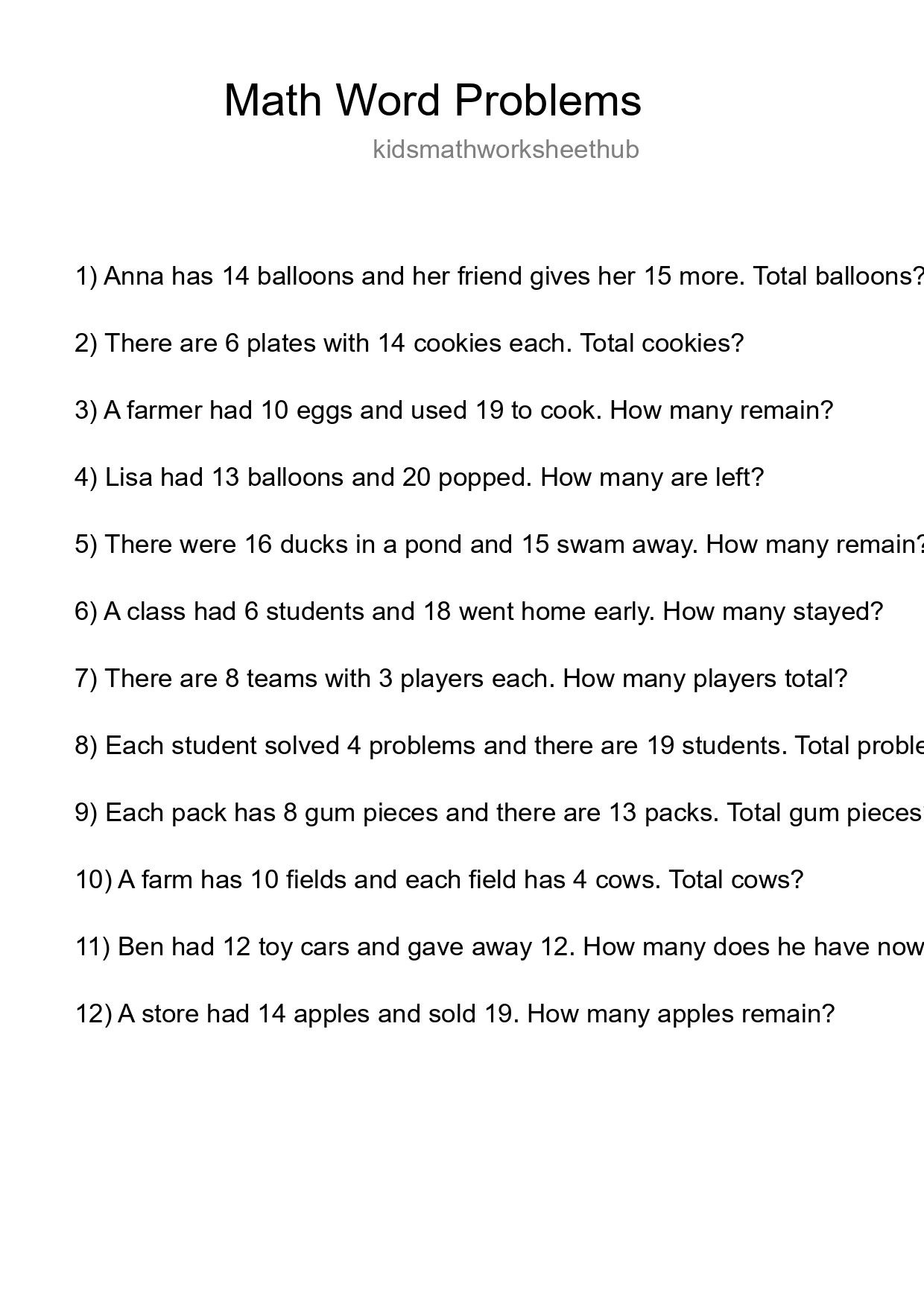 Math Word Problem Worksheet