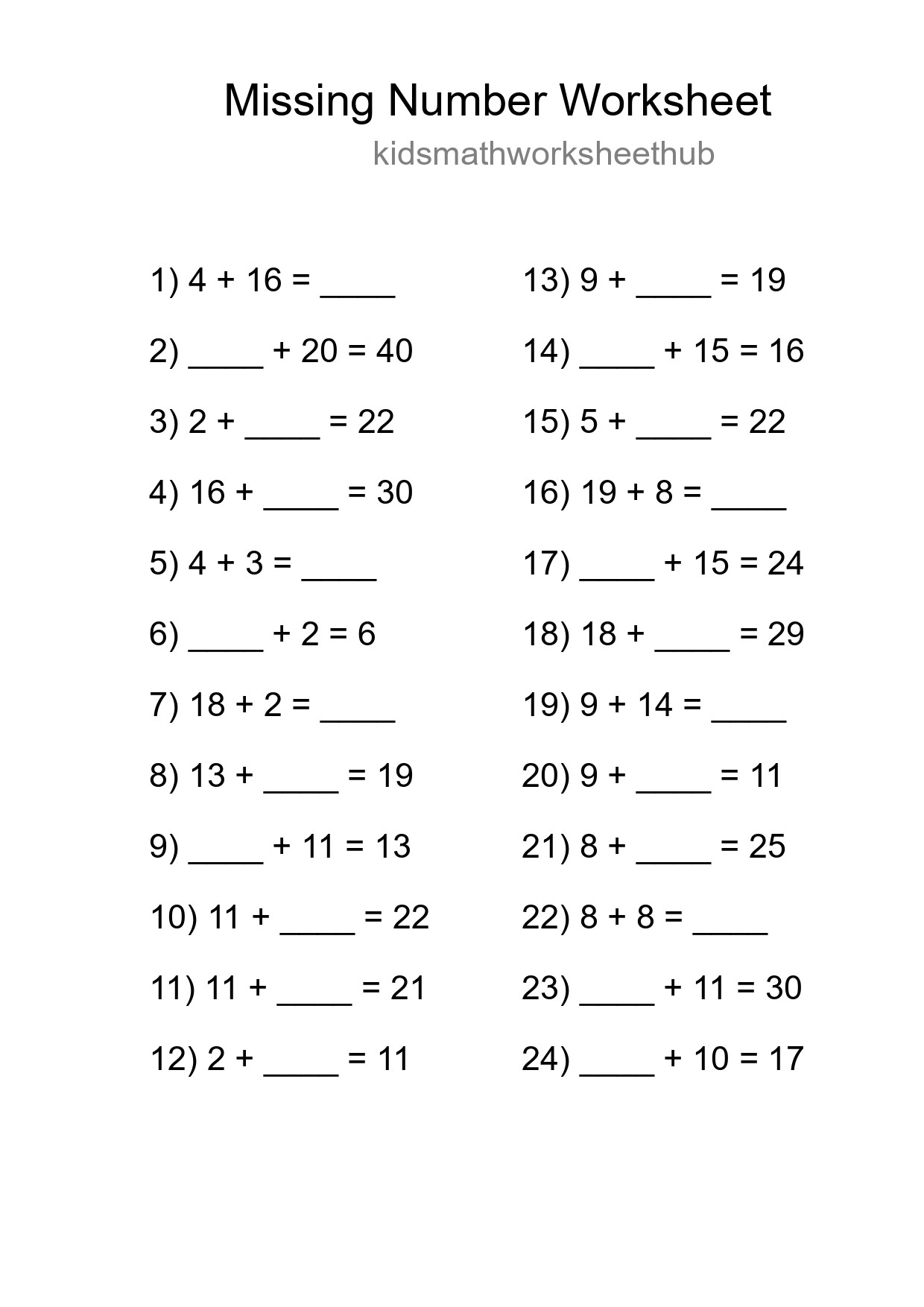 Missing Number Math Worksheet