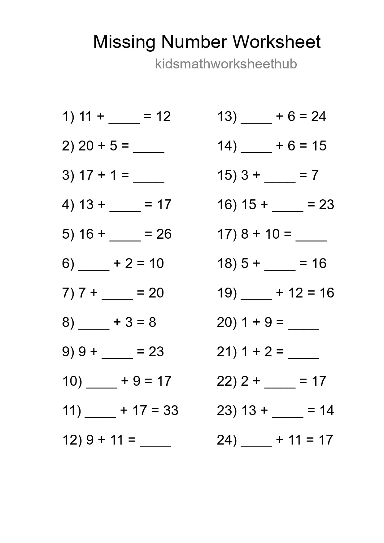 Missing Number Math Worksheet