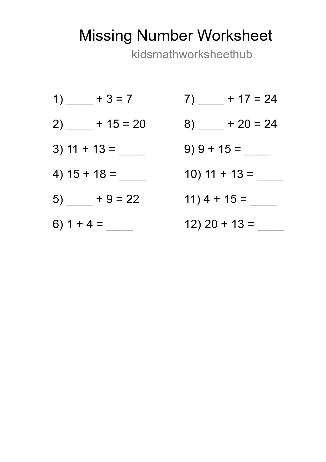 Missing Number Math Worksheet