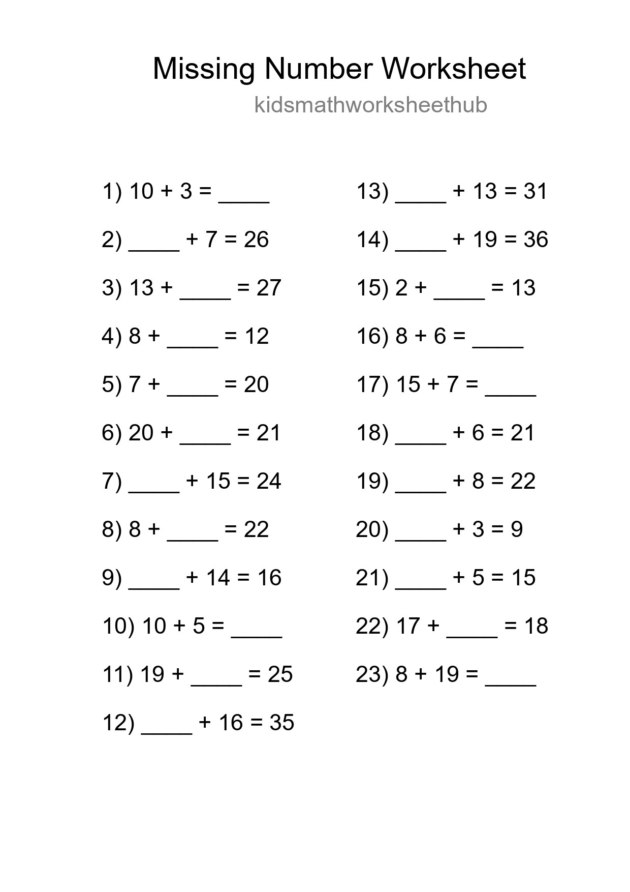 Missing Number Math Worksheet