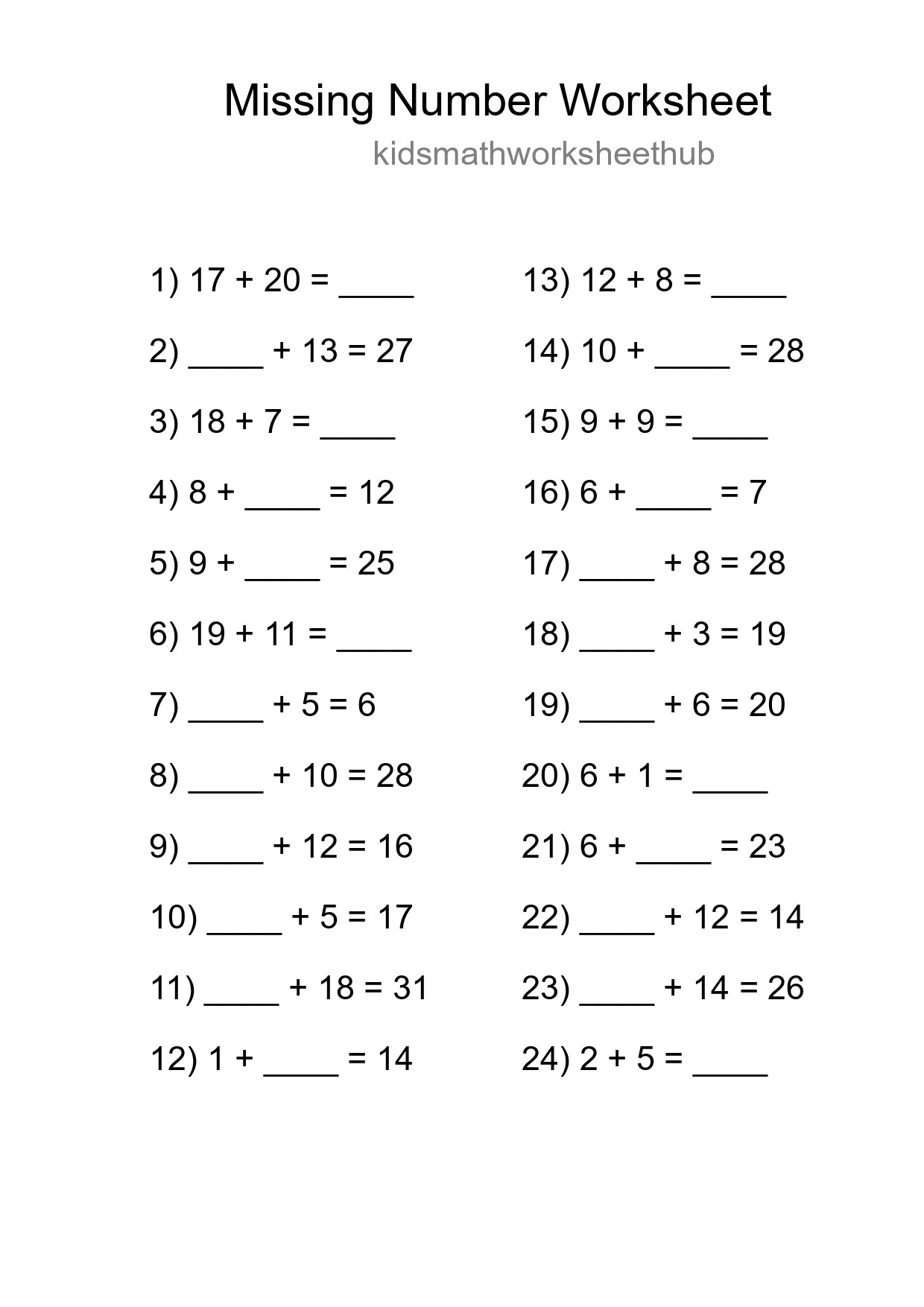 Missing Number Math Worksheet